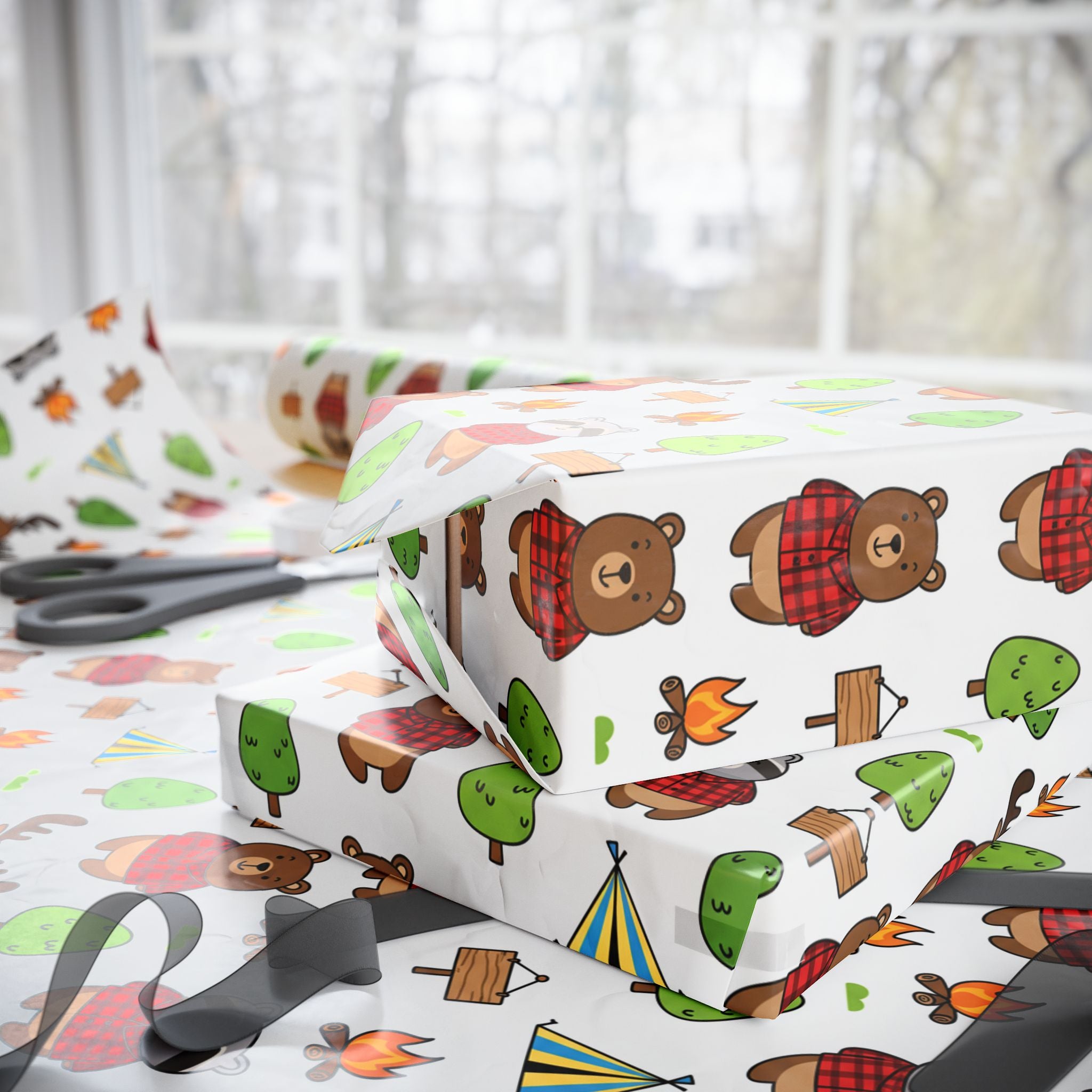 Camping Cartoon Wrapping Papers, Birthday Gift Wrap for Boys, Adventure Party Supplies, Toddler Party Favors, Outdoor Explorer Theme,