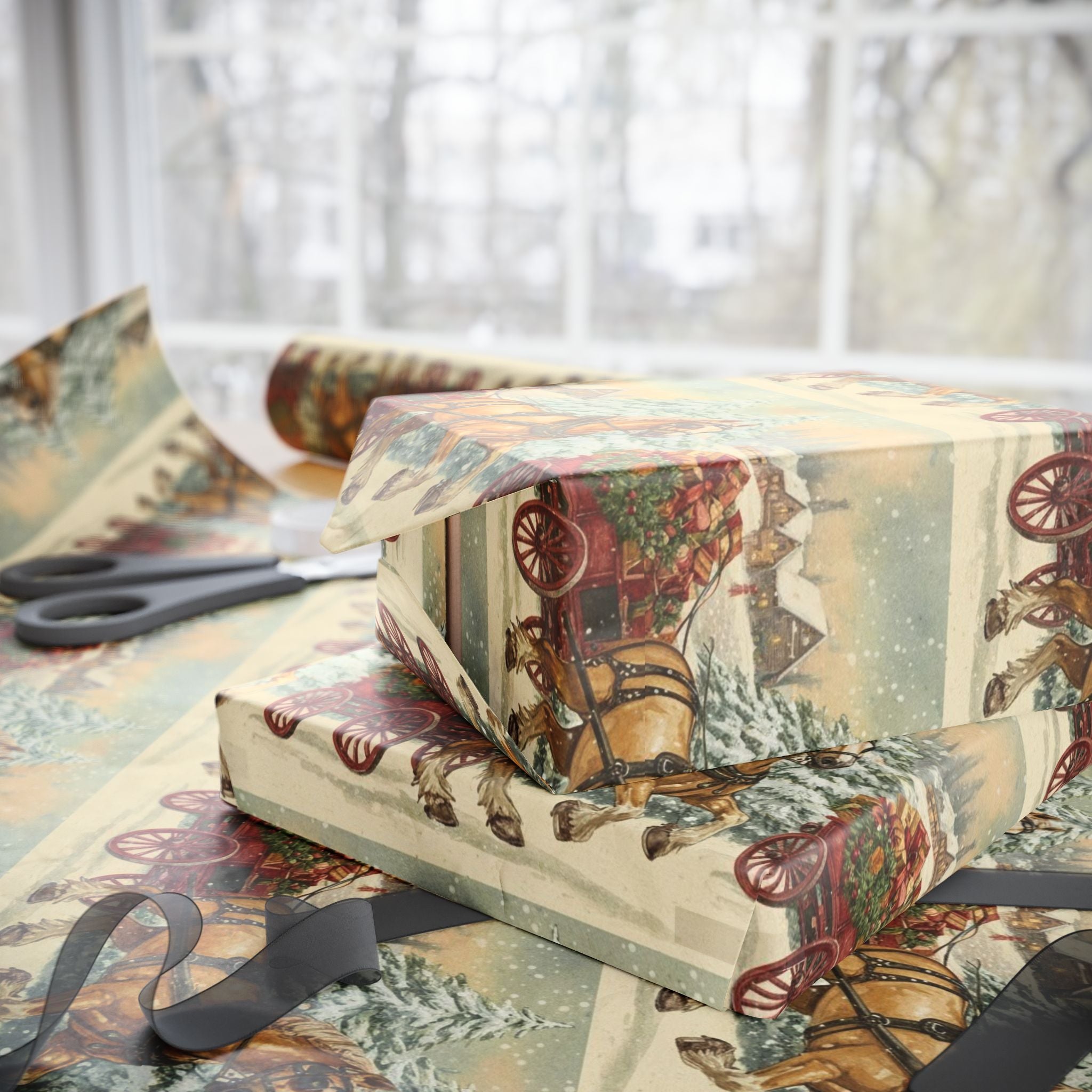 Vintage Clydesdale Horses Christmas Wrapping Paper | Winter Farm Scene Gift Wrap | Rustic Holiday Horse Wagon