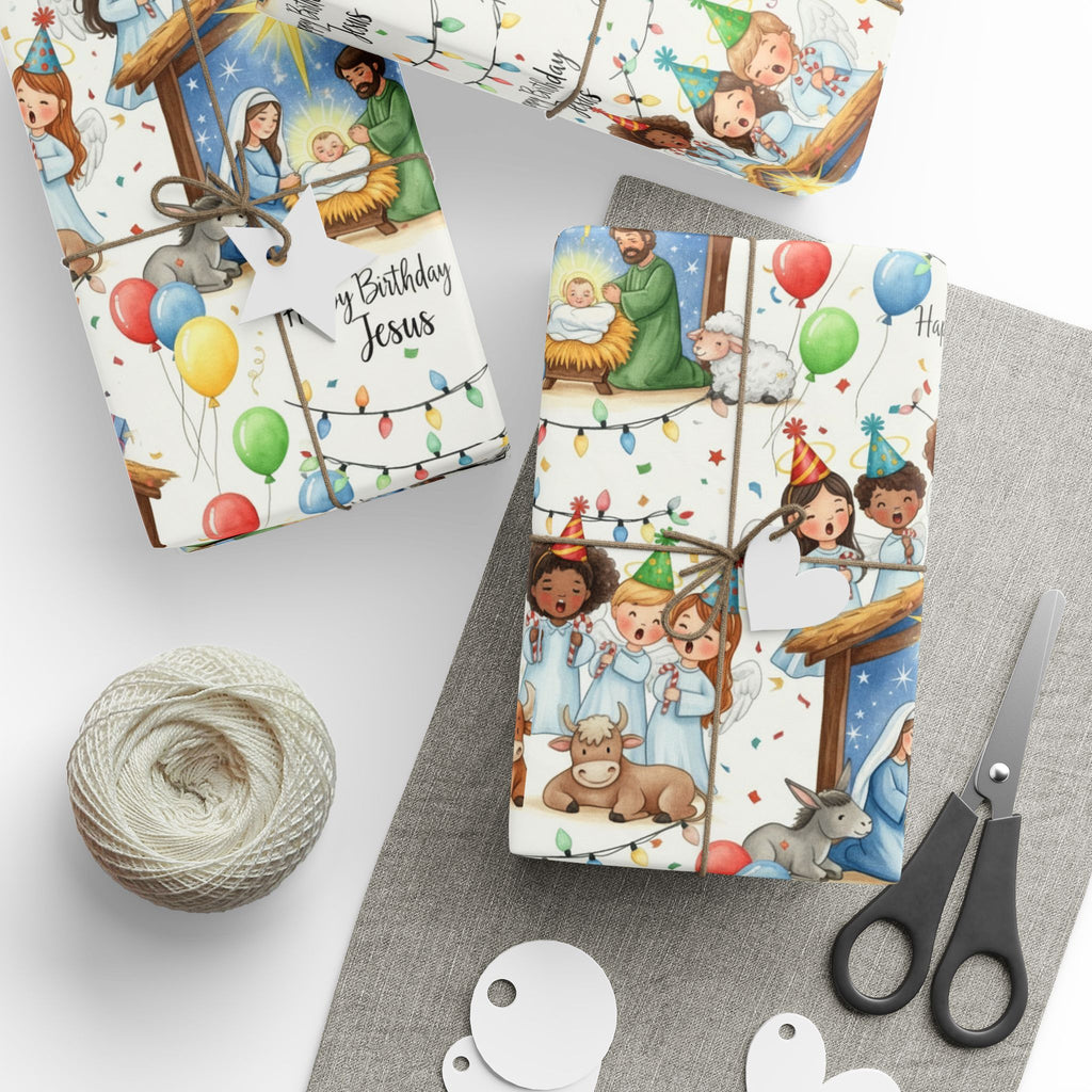 Christian Christmas Wrapping Paper featuring Baby Jesus in the Manger with Angels Singing and Birthday Hats Celebration