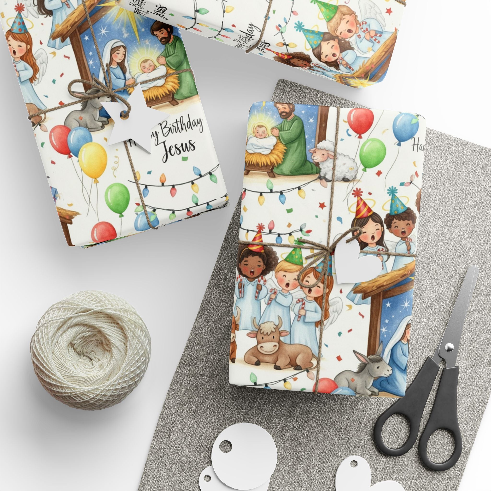 Christian Christmas Wrapping Paper featuring Baby Jesus in the Manger with Angels Singing and Birthday Hats Celebration