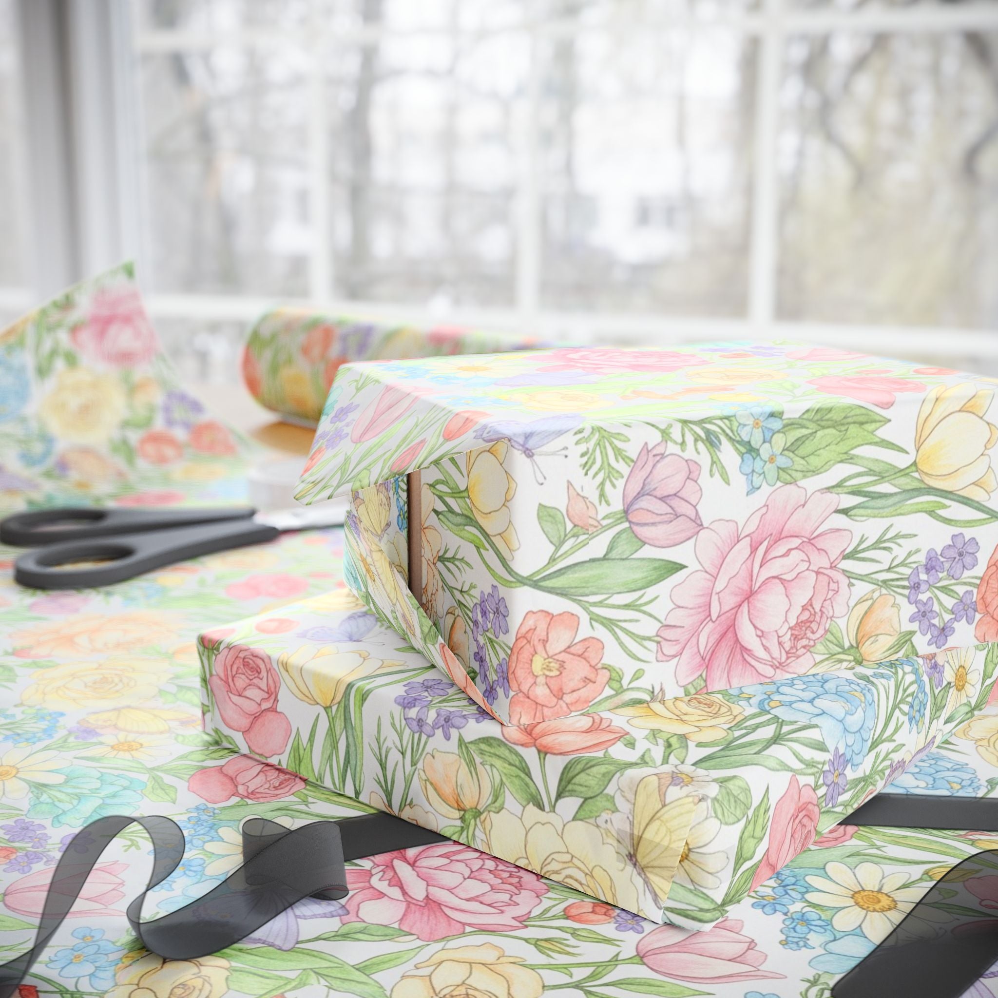 Floral Pastel Tulip Wrapping Paper Roll — Spring Bouquet Gift Wrap