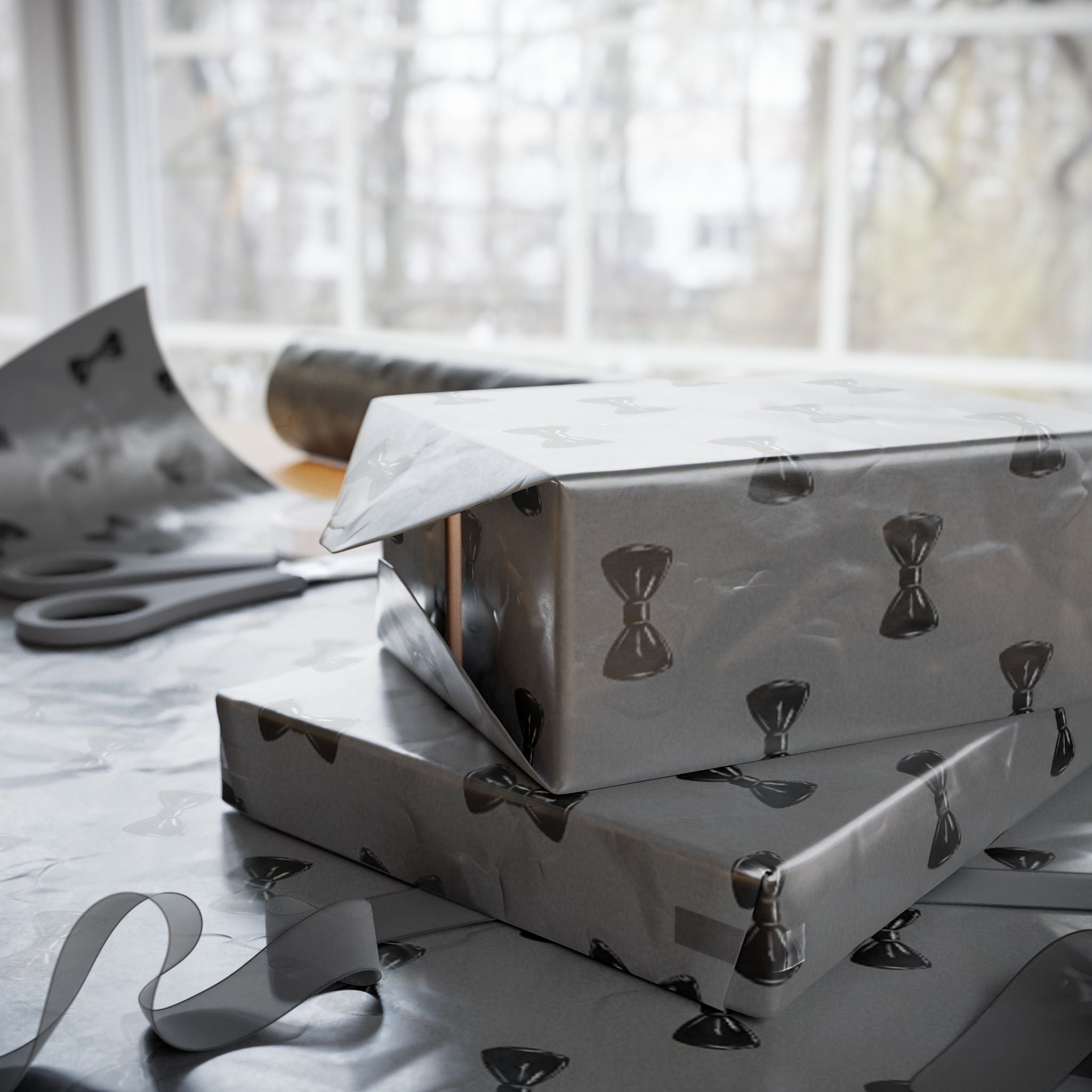 Black Bow Tie Pattern Wrapping Paper | Grey Black Gift Wrap Roll