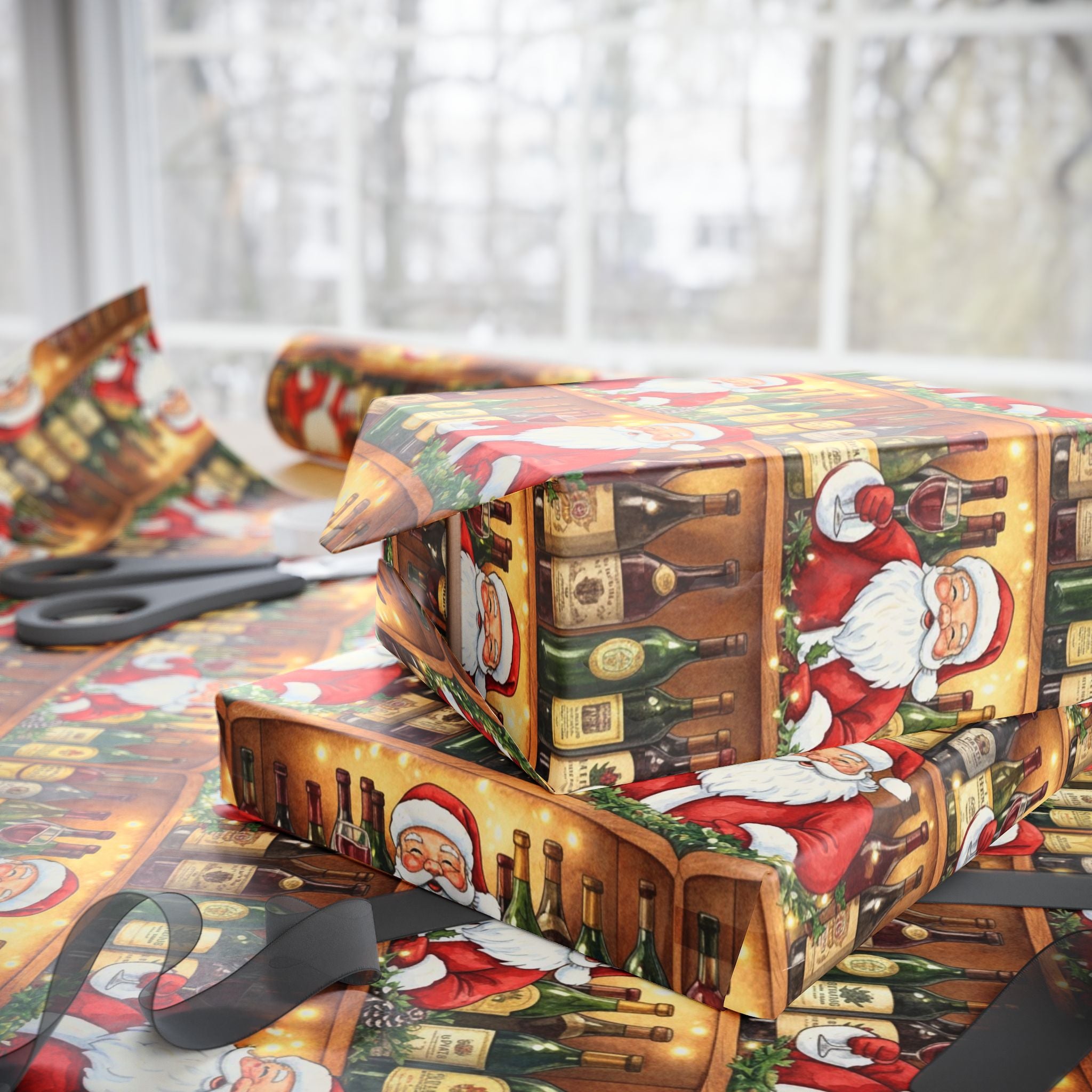 Holiday Santa in the Wine Cellar Wrapping Paper, Christmas Gift Wrap, Festive Wine Lover Present Wrap, Sophisticated Holiday Decor,