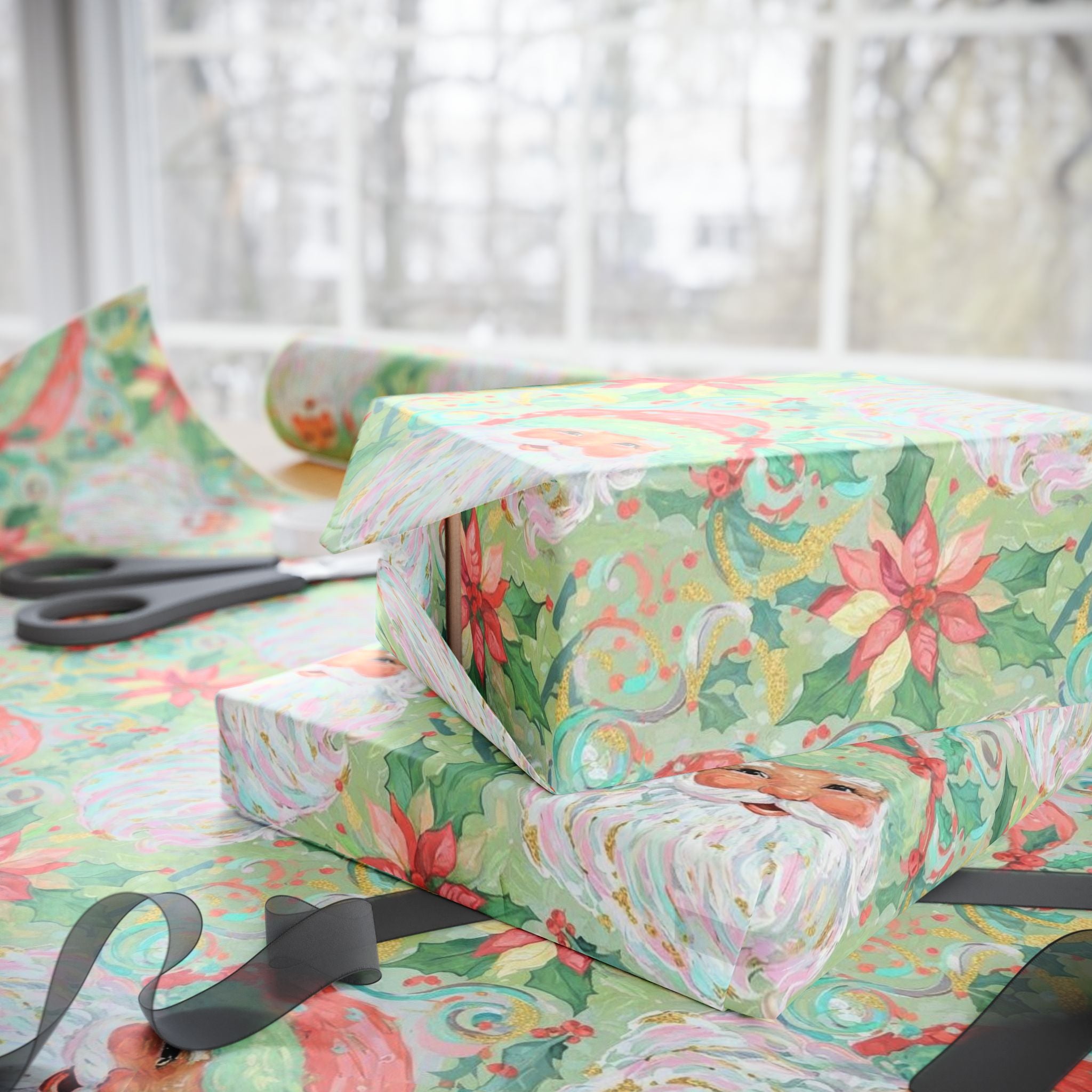 Pastel Watercolor Santa Wrapping Paper | Oil Painting Style Gift Wrap | Soft Christmas Art Paper | Elegant Holiday Decor | Vintage Xmas Wrap