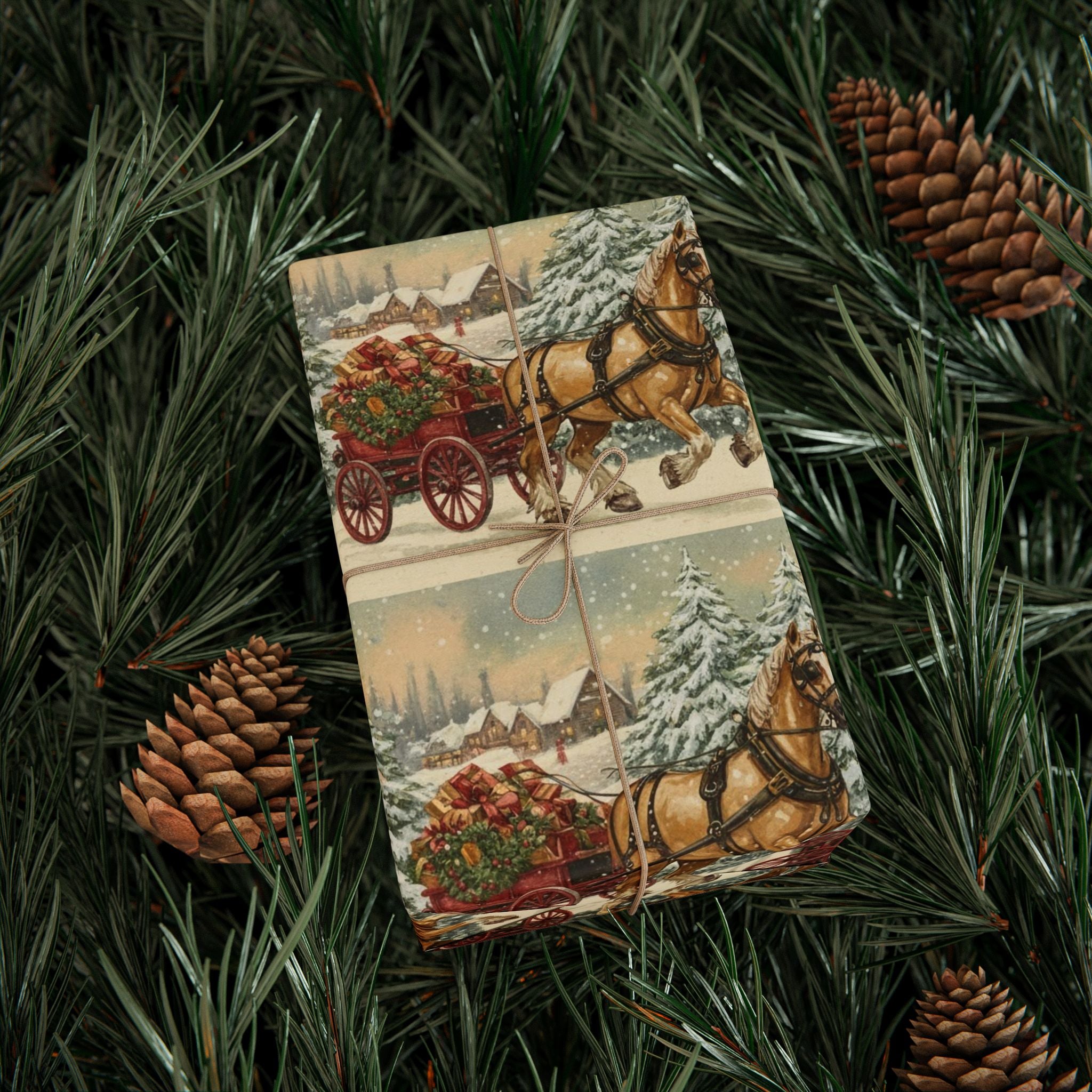 Vintage Clydesdale Horses Christmas Wrapping Paper | Winter Farm Scene Gift Wrap | Rustic Holiday Horse Wagon