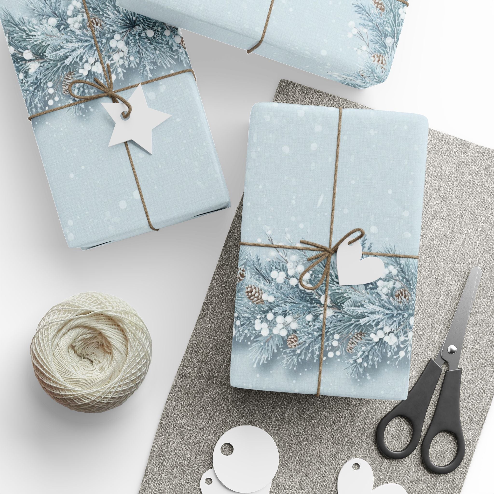 Winter Pine Cones Wrapping Papers | Blue Snowy Evergreen Pattern