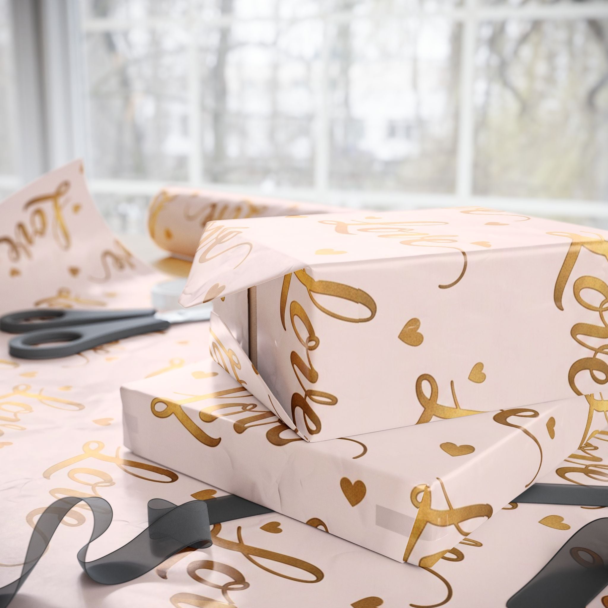 Gold Script "Love" Pattern Wrapping Papers | Pink Metallic Hearts