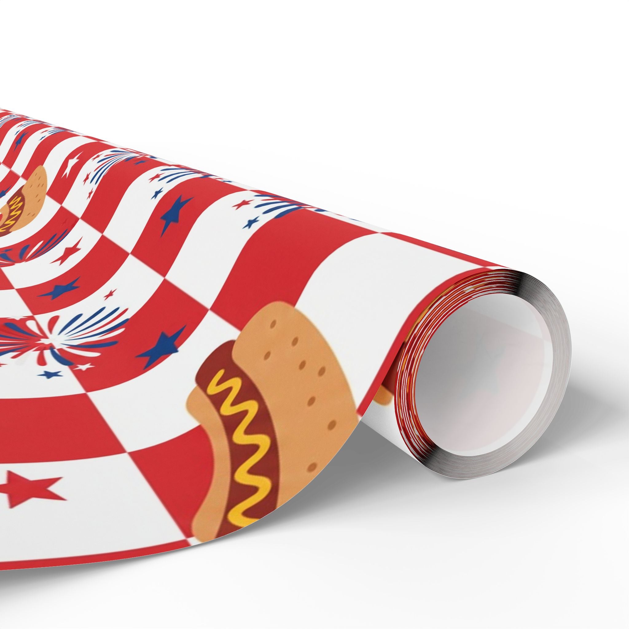 Hot Dog & Fireworks Wrapping Paper | Patriotic 4th of July Checkered Pattern