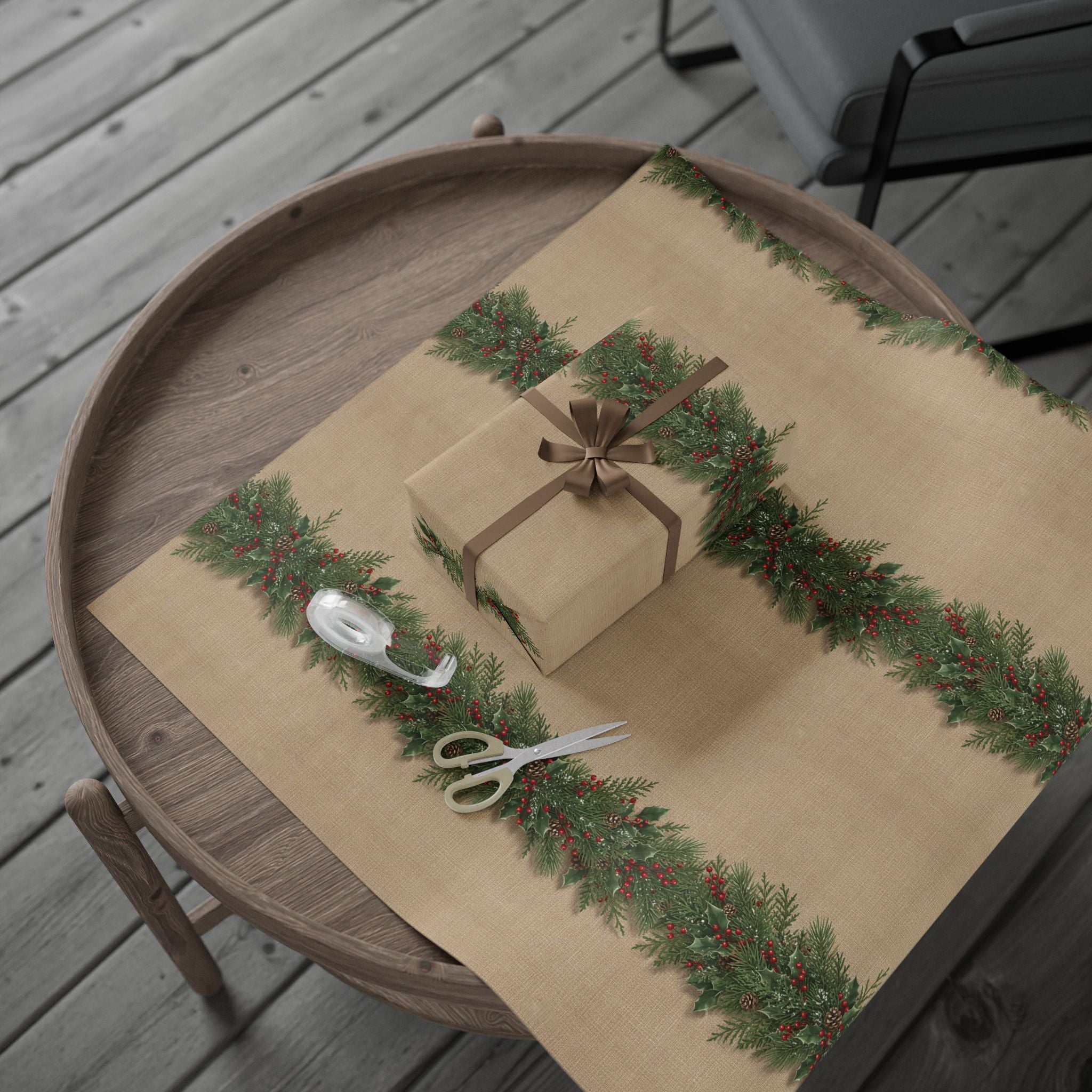 Pine Boughs & Berries Wrapping Paper | Kraft Holiday Gift Wrap Roll