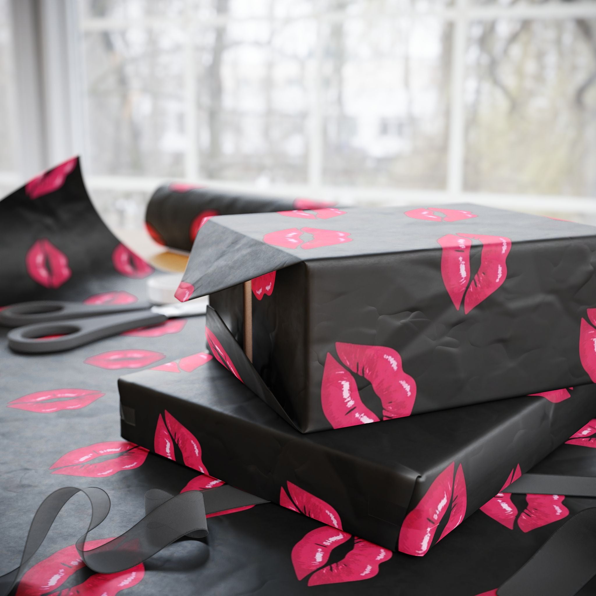 Pink Kiss Lips pattern Wrapping Paper | Black lipstick print