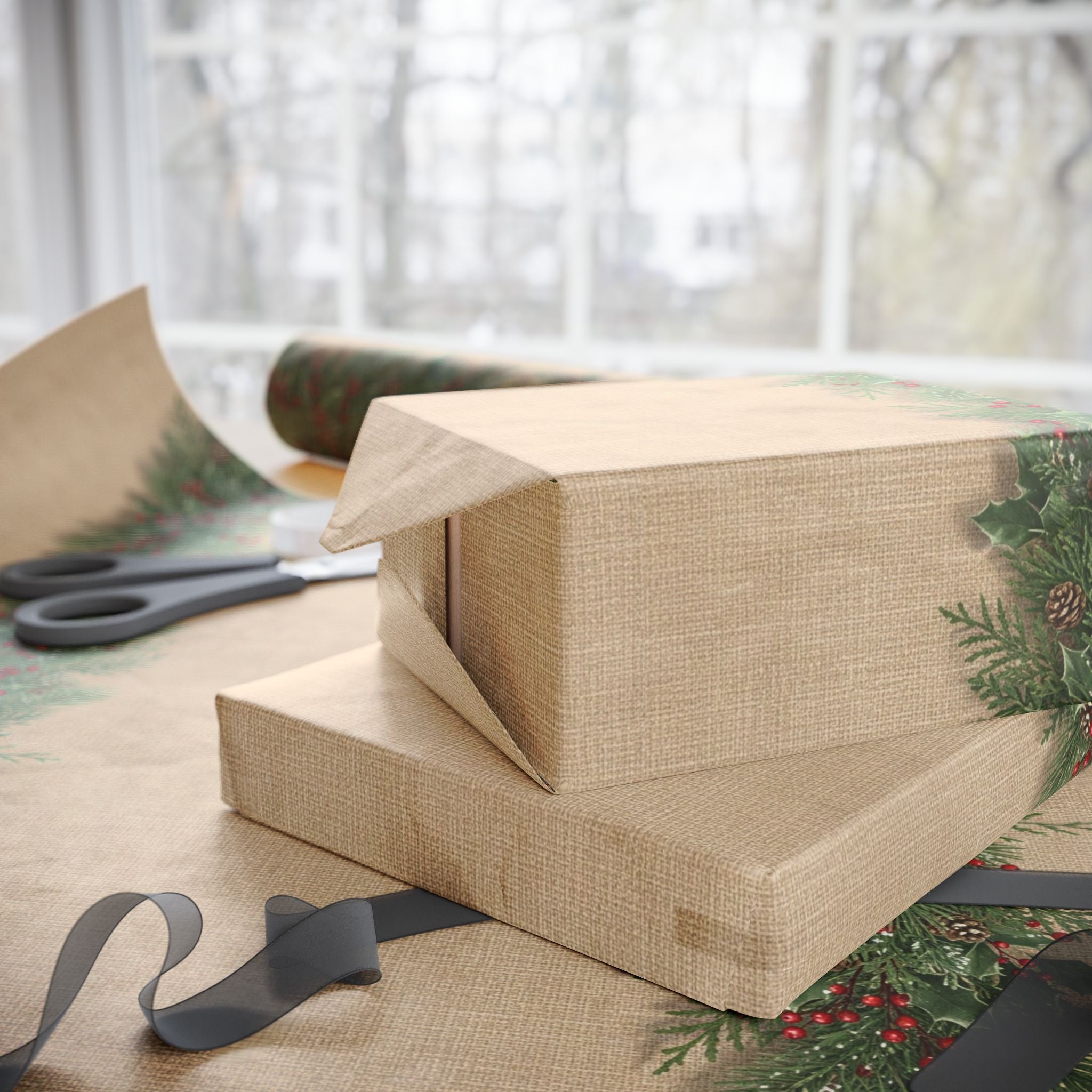 Pine Boughs & Berries Wrapping Paper | Kraft Holiday Gift Wrap Roll