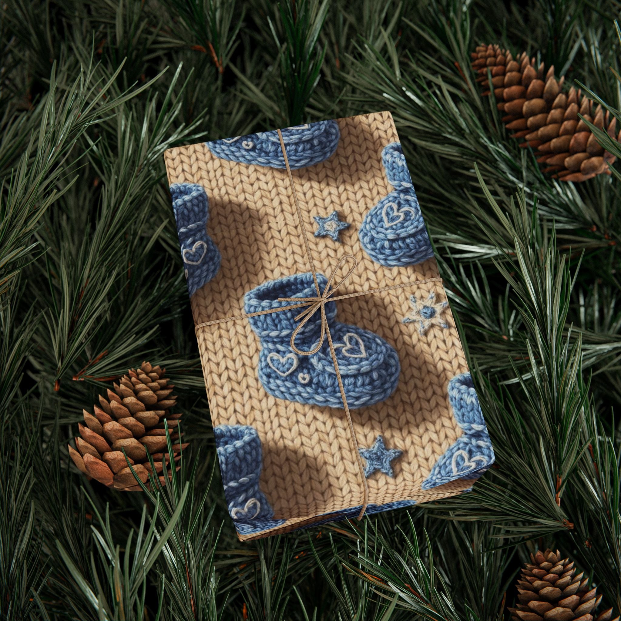 Knitted Wrapping Paper, Baby Shower Gift Wrap, Baby Boy Booties Design, Blue Gift Wrap Paper, Cute Baby Shower Wrap