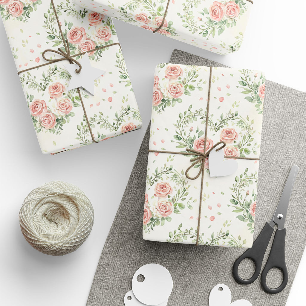 Pink Rose Wreath Wrapping Paper | Floral Gift Wrap, Vintage Bouquet Pattern