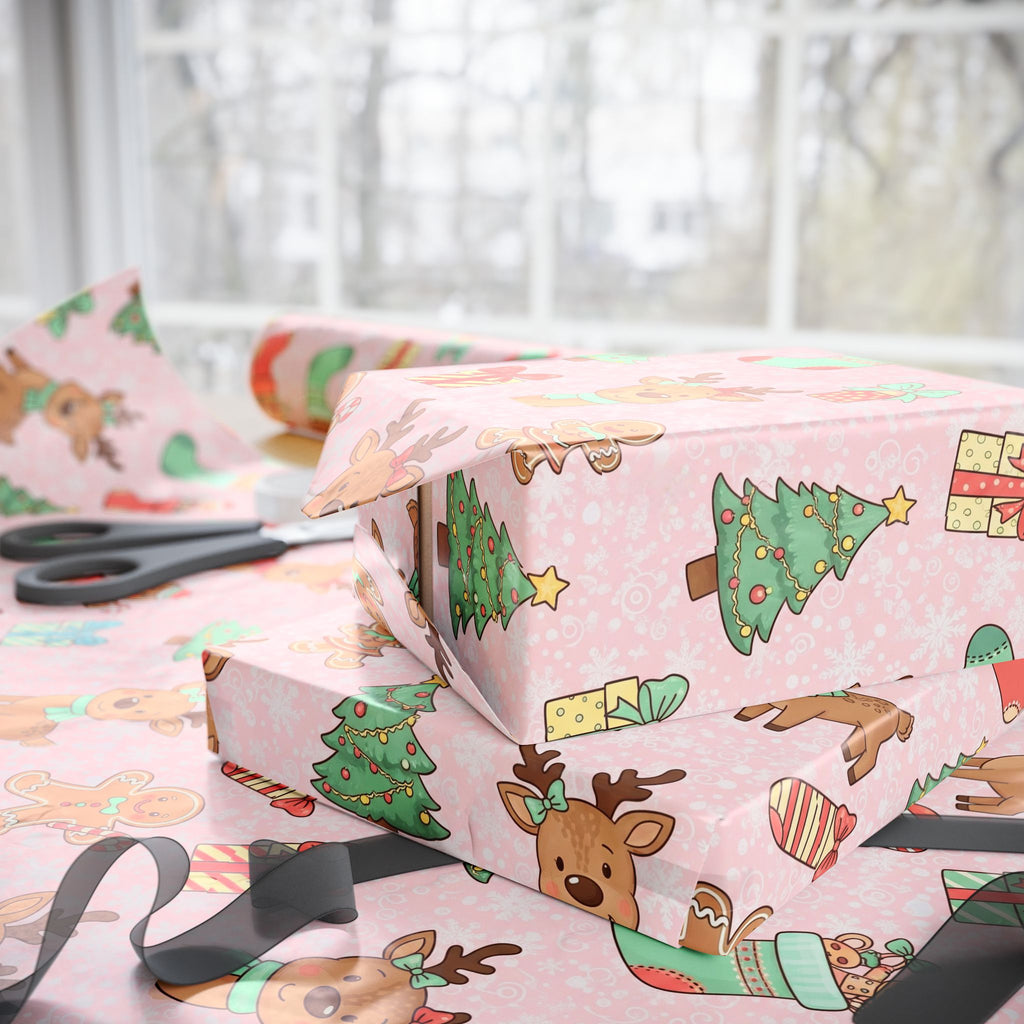 Pink Reindeer and Gingerbread Wrapping Paper, Cute Christmas Gift Wrap for Girls, Holiday Kids Gift Paper, Festive Xmas Packaging