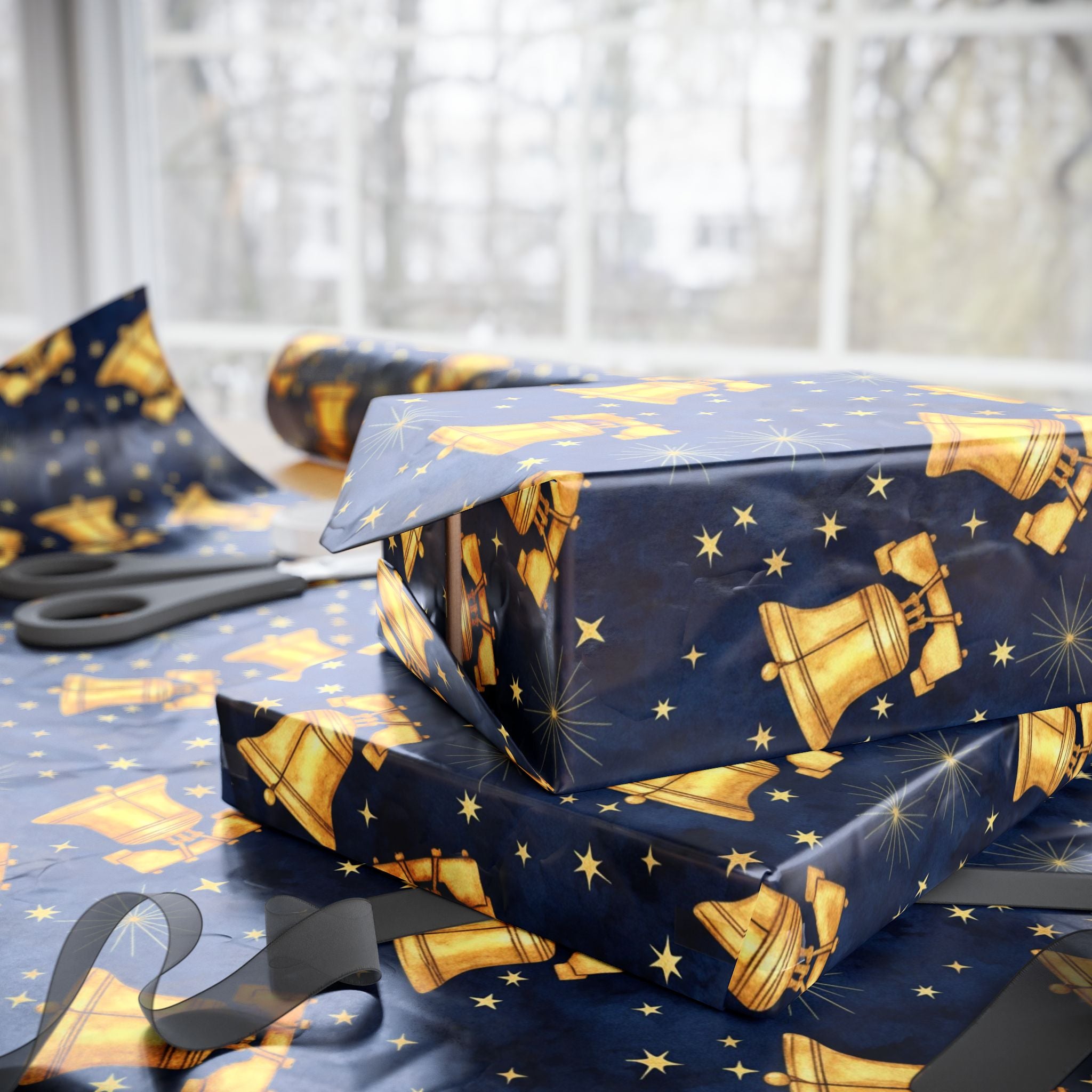 Golden Bells Pattern Wrapping Paper | Holiday Christmas Navy Star