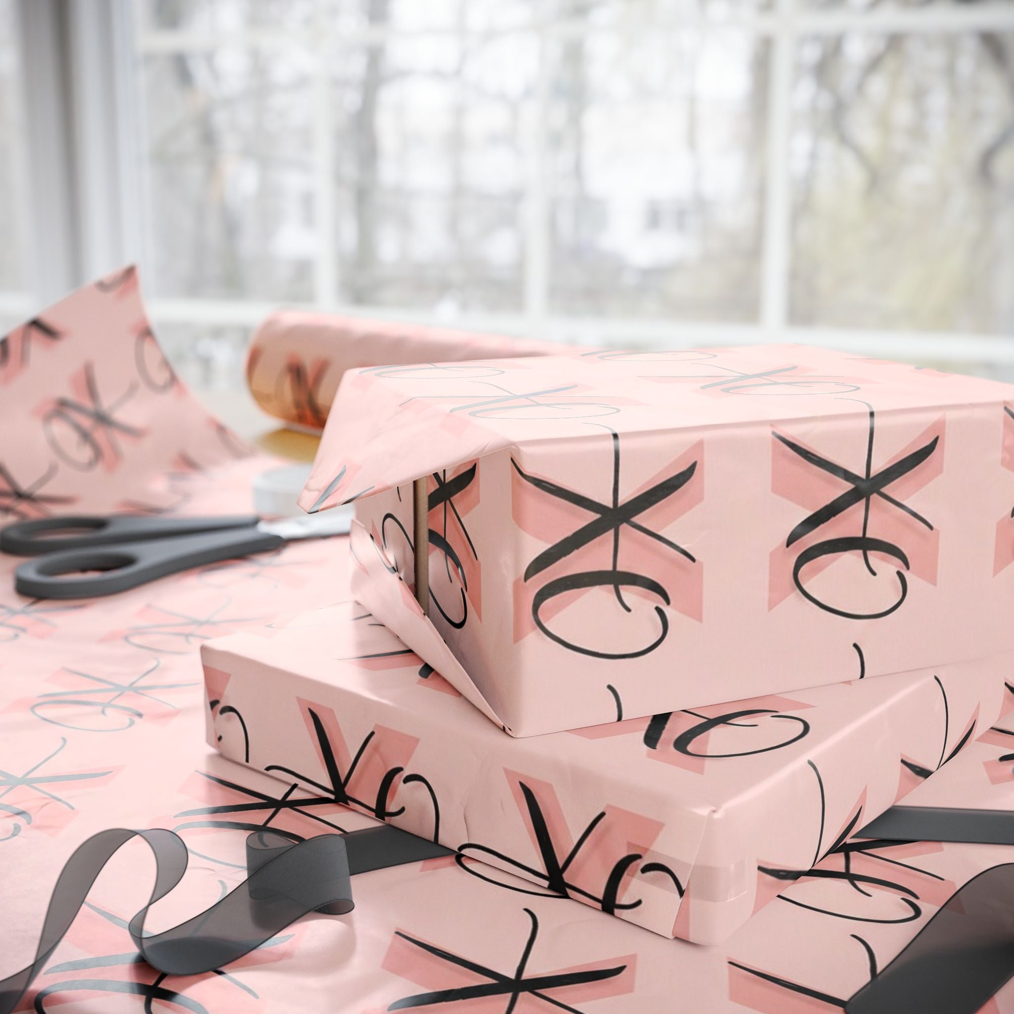 XO Pattern Wrapping Paper | Pink Script Heart Love Paper