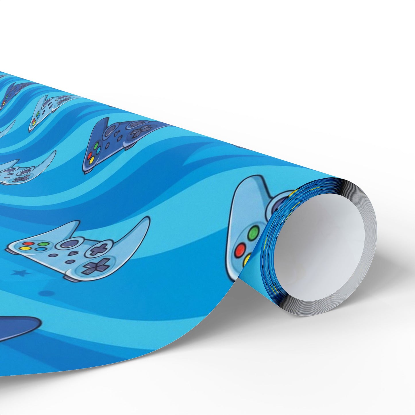 Blue video game themed birthday wrapping paper with controllers and gaming icons