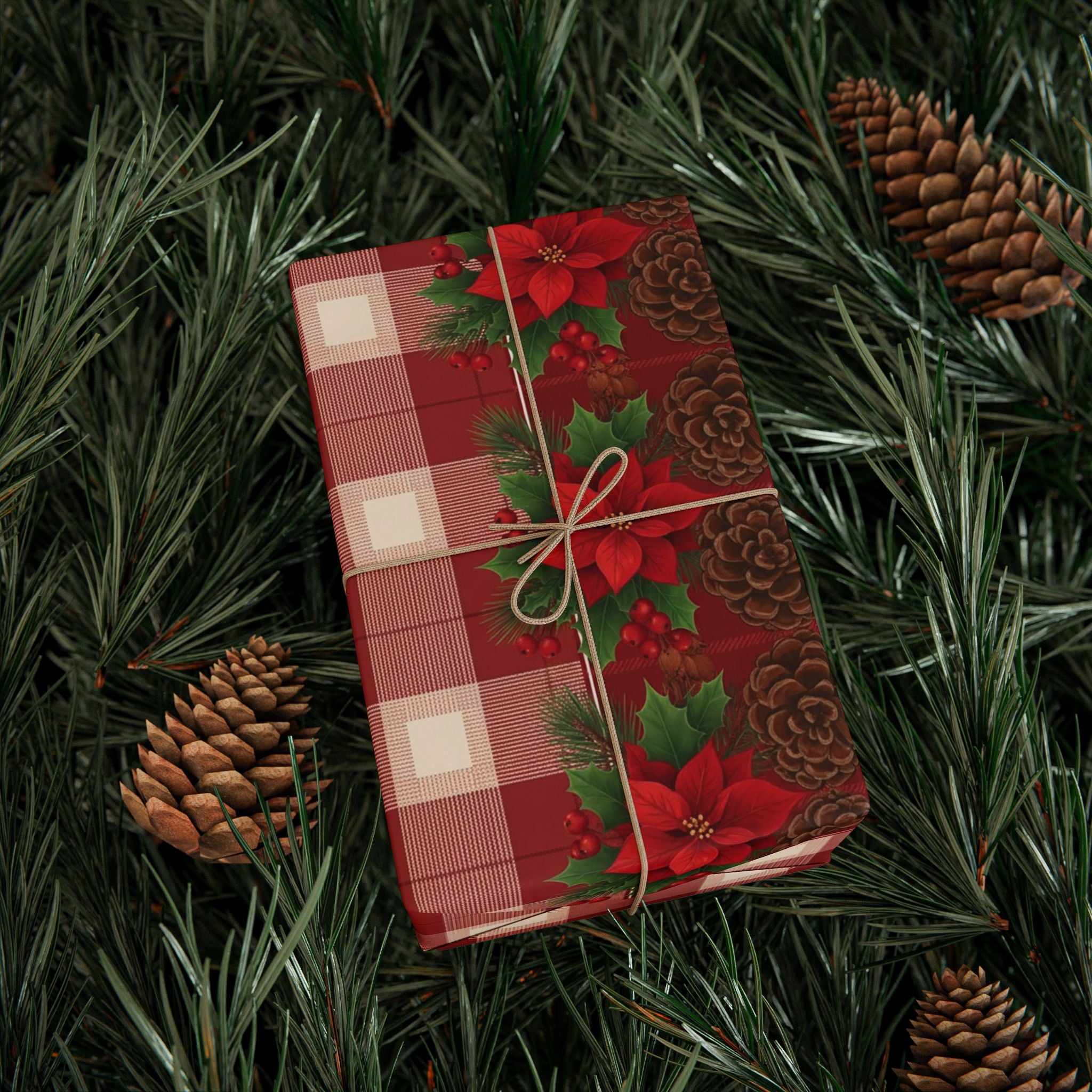Poinsettia Pinecone Plaid Wrapping Paper
