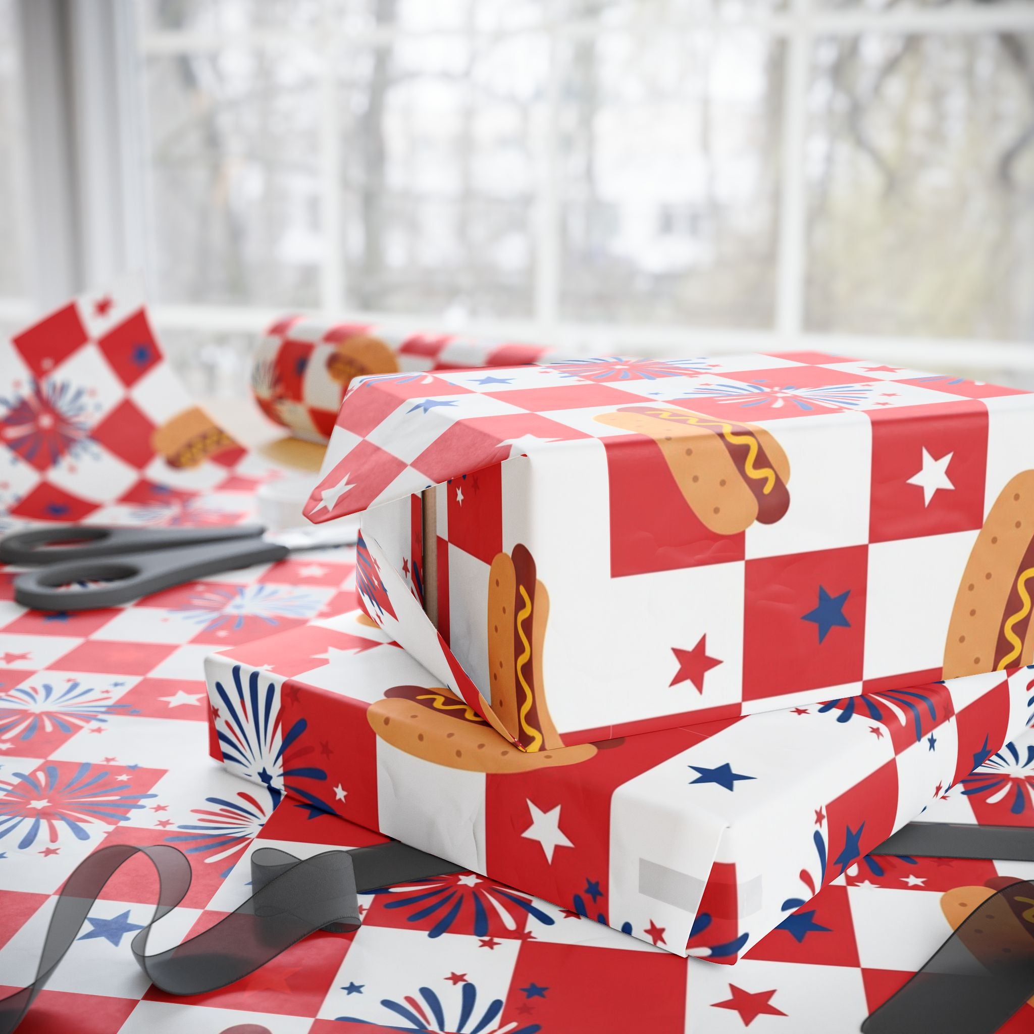 Hot Dog & Fireworks Wrapping Paper | Patriotic 4th of July Checkered Pattern