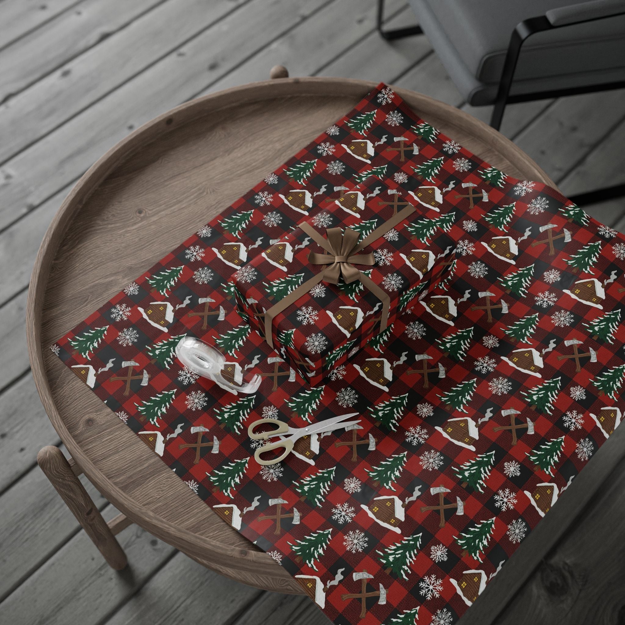 Wrapping Papers: Plaid Cabin Christmas Gift Wrap, Rustic Lumberjack Packaging, Winter Cozy Buffalo Check Paper, Holiday Axes