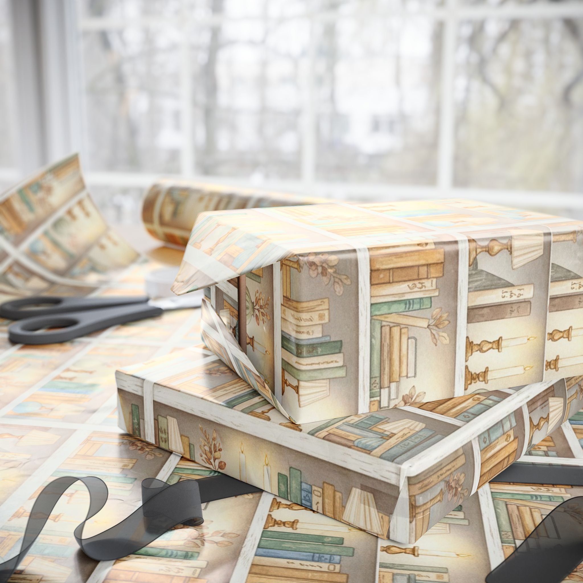 Cozy Bookshelf Pattern Wrapping Paper | Vintage Library Gift Wrap