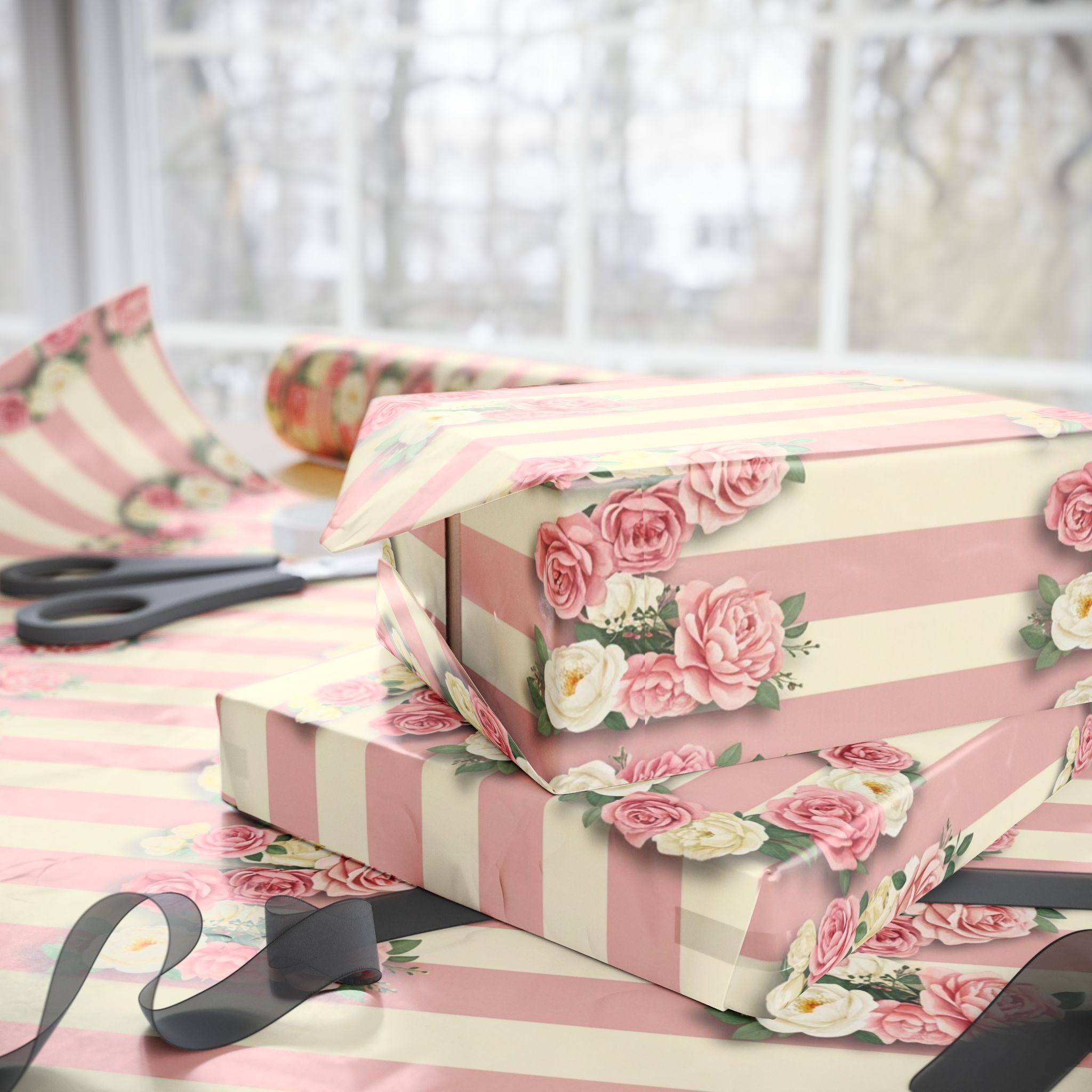 Vintage Rose Stripes Wrapping Paper | Floral Gift Wrap Rolls | Mother's Day