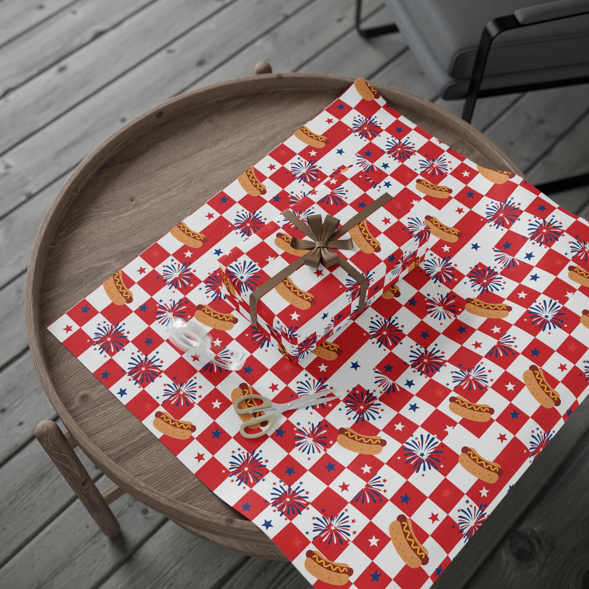 Hot Dog & Fireworks Wrapping Paper | Patriotic 4th of July Checkered Pattern
