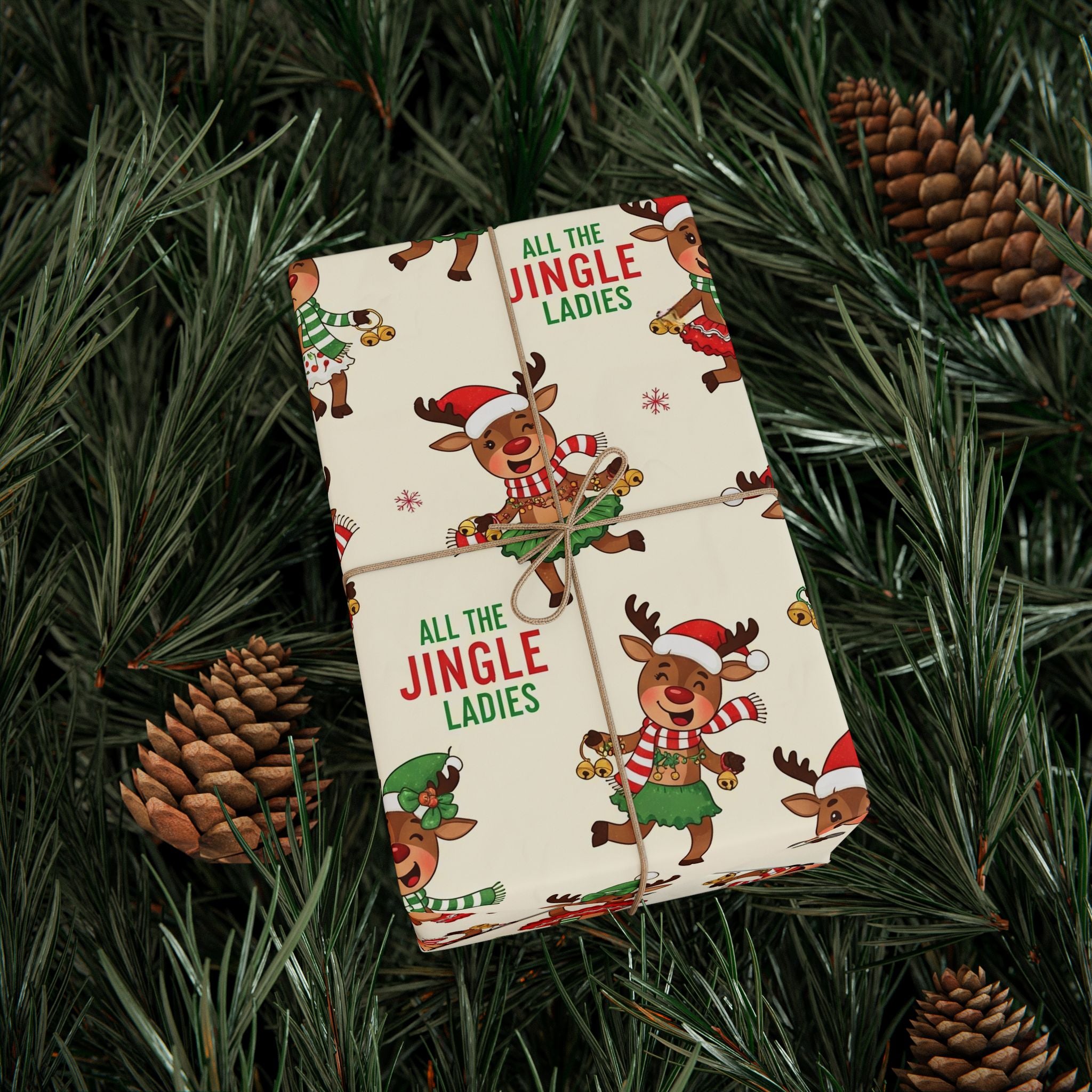 All the Jingle Ladies Wrapping Paper, Funny Singing & Dancing Reindeer Christmas Gift Wrap, Cute Holiday Packaging, Novelty Xmas Paper