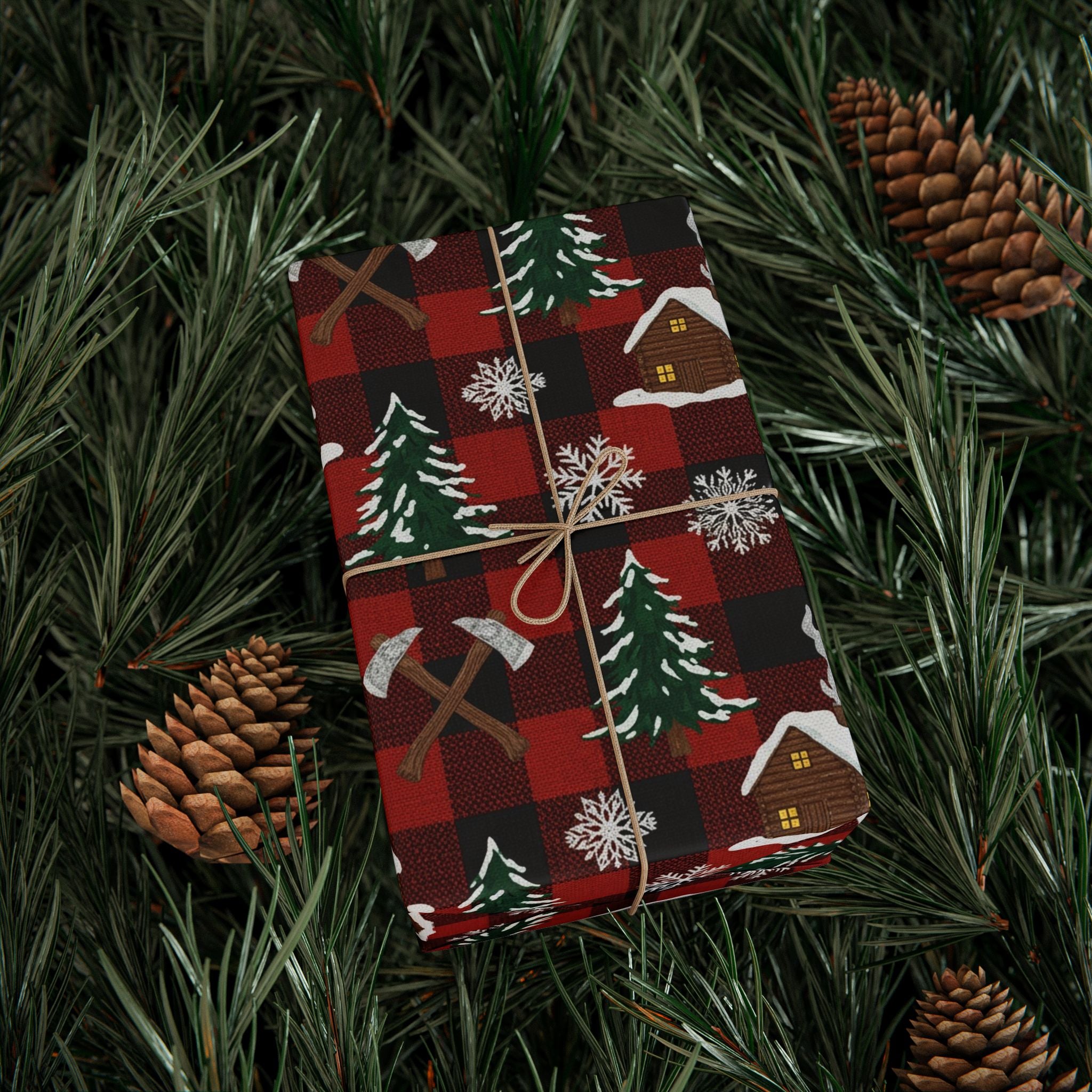 Wrapping Papers: Plaid Cabin Christmas Gift Wrap, Rustic Lumberjack Packaging, Winter Cozy Buffalo Check Paper, Holiday Axes
