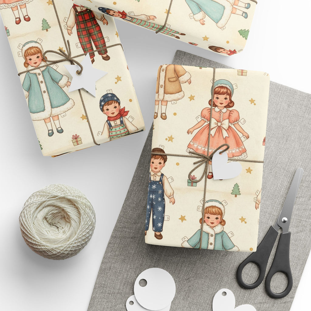 Vintage Christmas Paper Doll Wrapping Papers | Old-Fashioned Nostalgic Holiday Wrap, Retro Packaging, Paper Dolls Christmas Gift Wrap