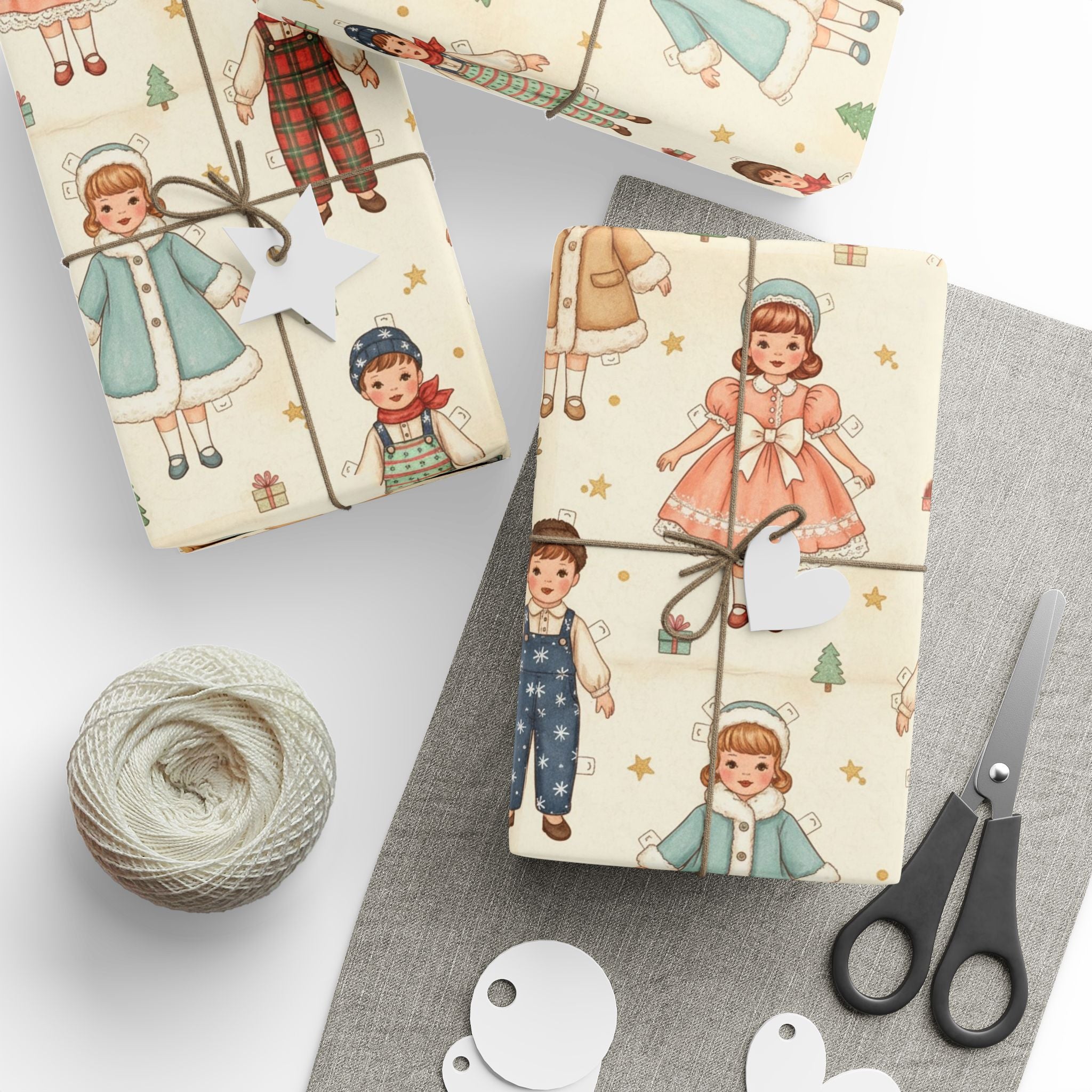 Vintage Christmas Paper Doll Wrapping Papers | Old-Fashioned Nostalgic Holiday Wrap, Retro Packaging, Paper Dolls Christmas Gift Wrap