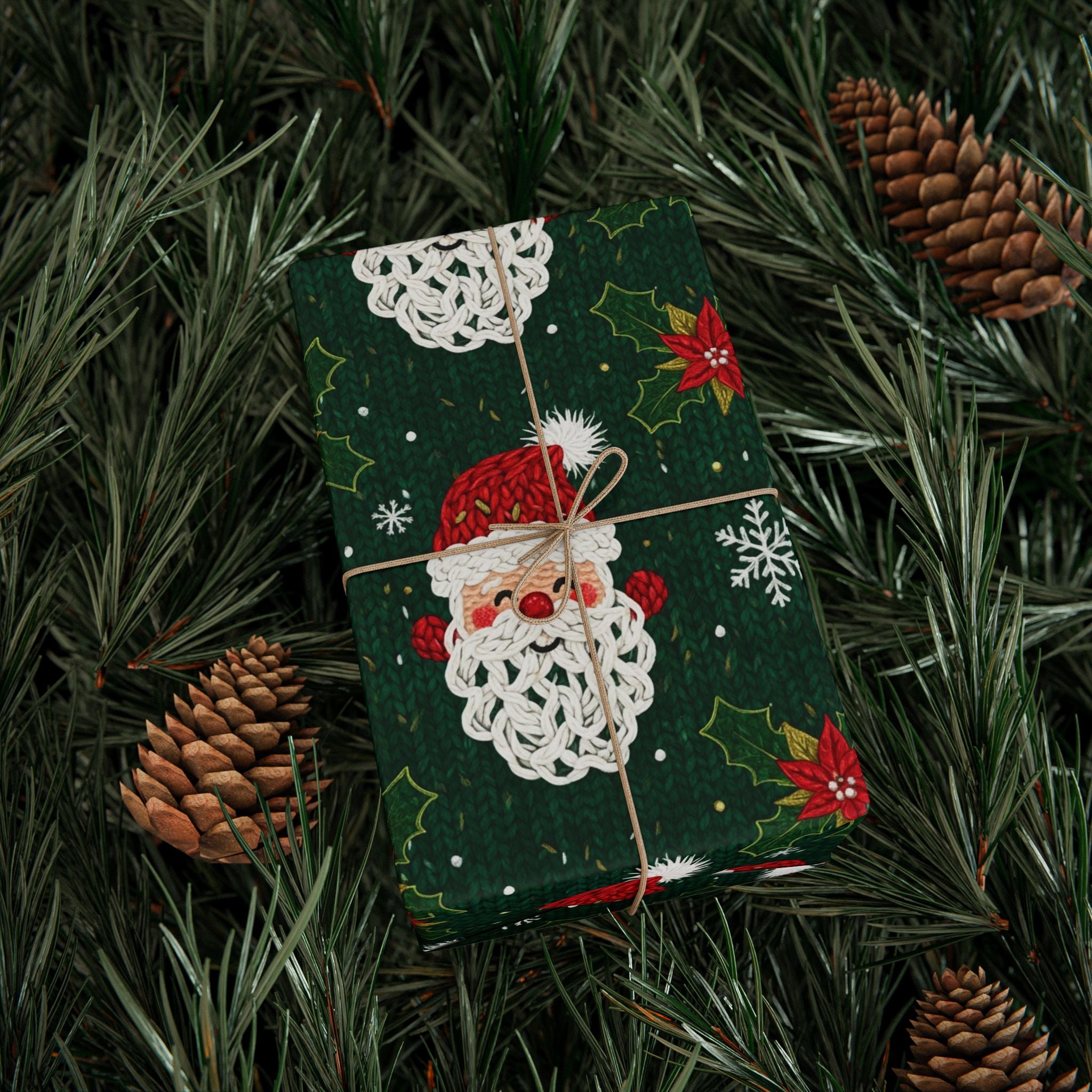 Knit Santa Claus Pattern Wrapping Paper | Christmas Holiday Gift Wrap Roll