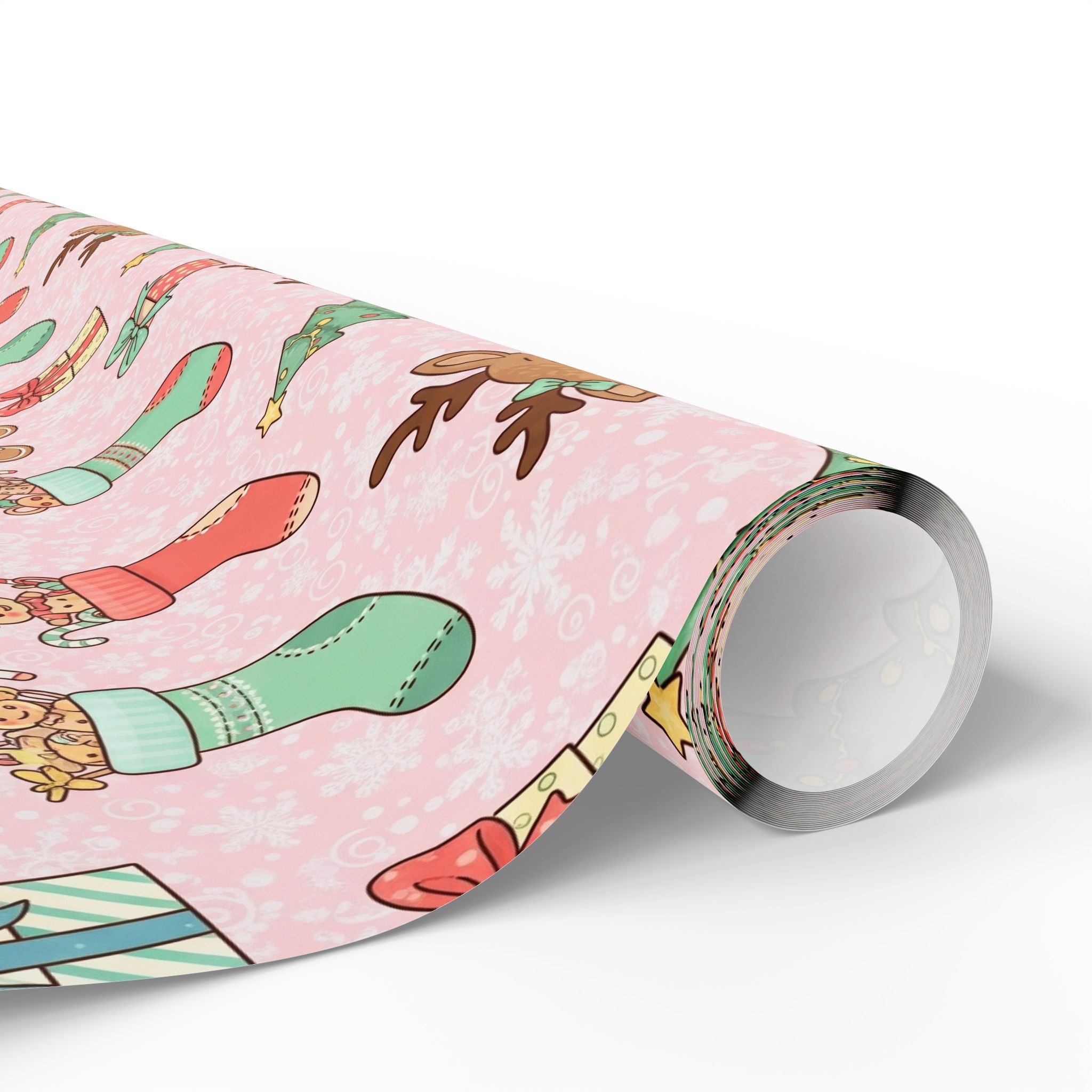 Pink Reindeer and Gingerbread Wrapping Paper, Cute Christmas Gift Wrap for Girls, Holiday Kids Gift Paper, Festive Xmas Packaging