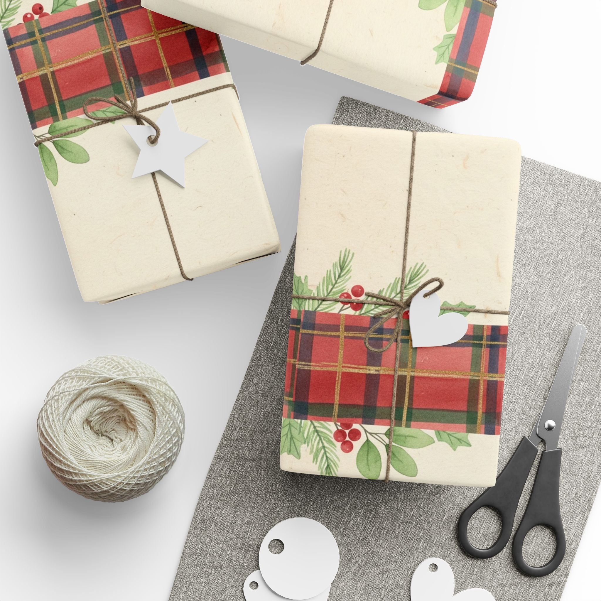Red Tartan Plaid with Holly Wrapping Paper | Holiday Gift Wrap