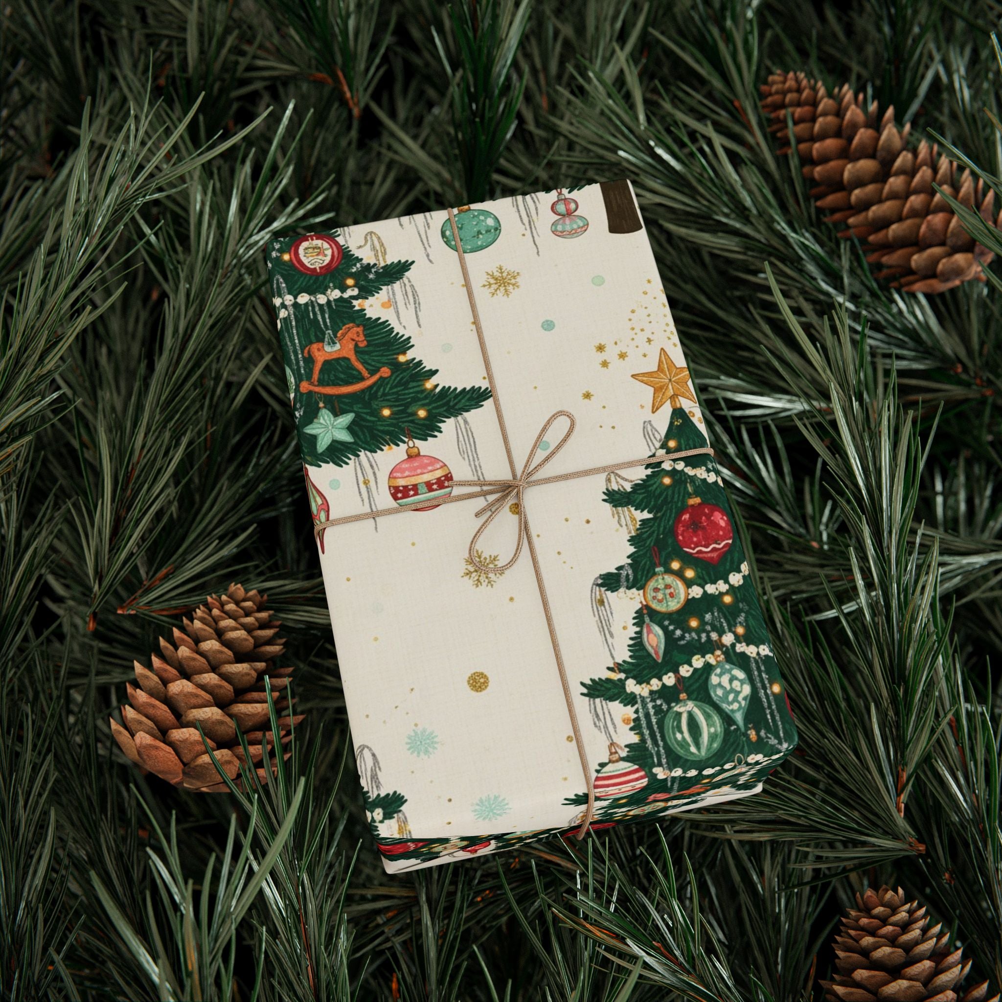 Vintage Christmas Tree Wrapping Paper - Retro Holiday Gift Wrap for Family & Friends, Nostalgic Xmas Ornaments