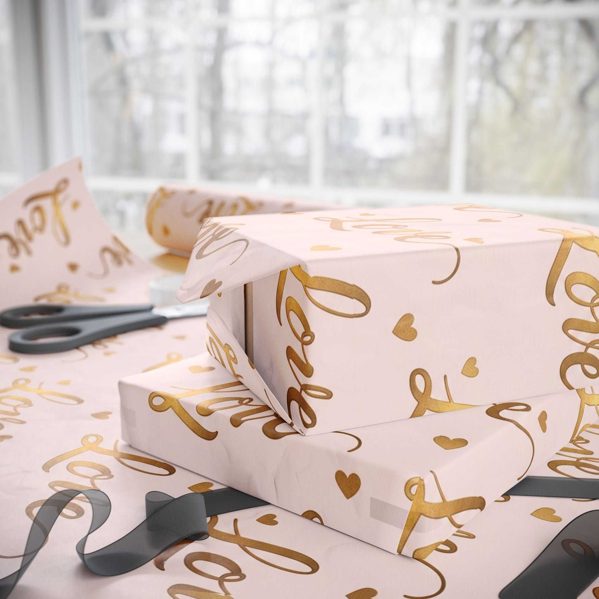 Gold Script "Love" Pattern Wrapping Papers | Pink Metallic Hearts