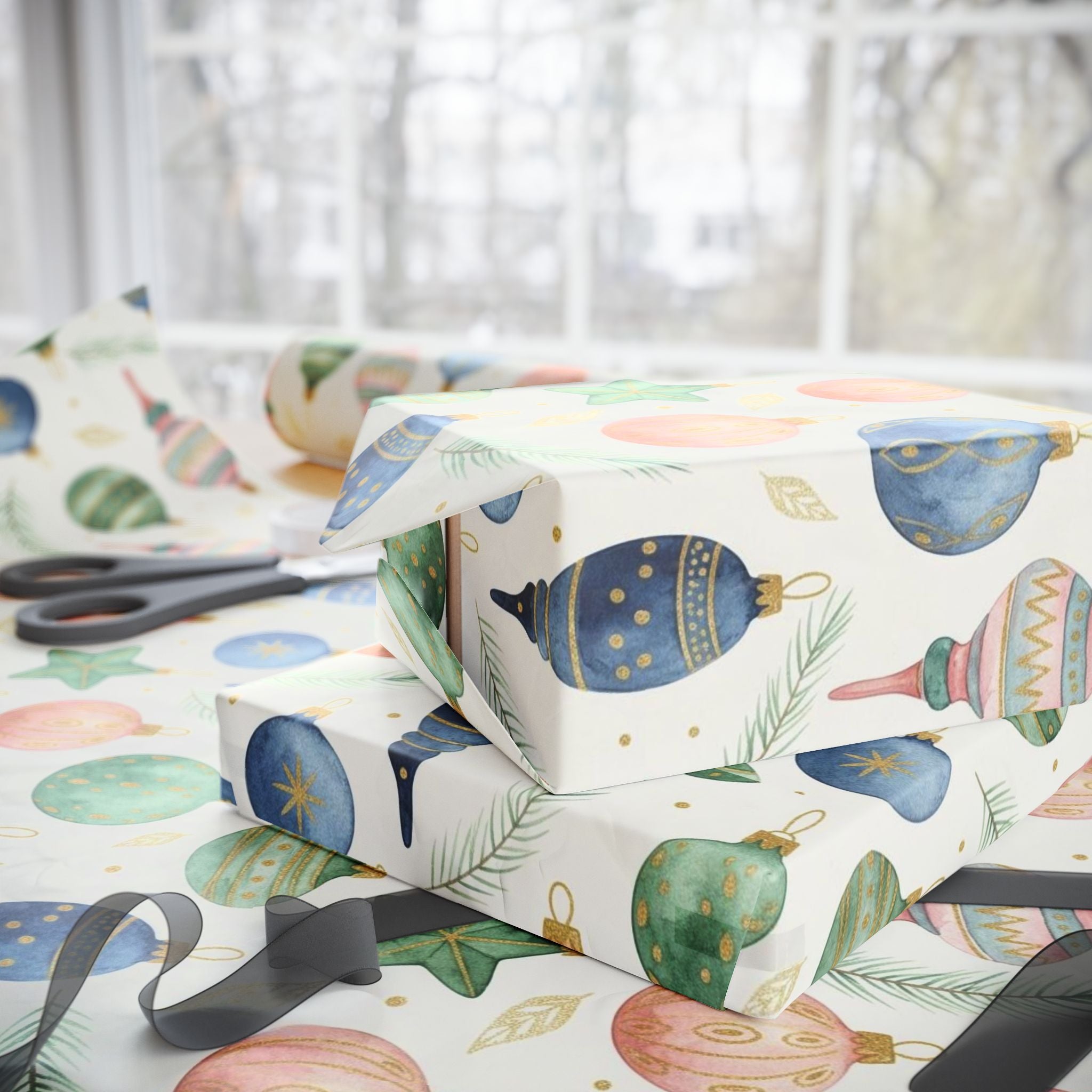 Watercolor Christmas Ornaments Wrapping Paper | Elegant Holiday Gift Wrap | Festive Xmas Paper | Pastel Ornament Design | Artistic Decor