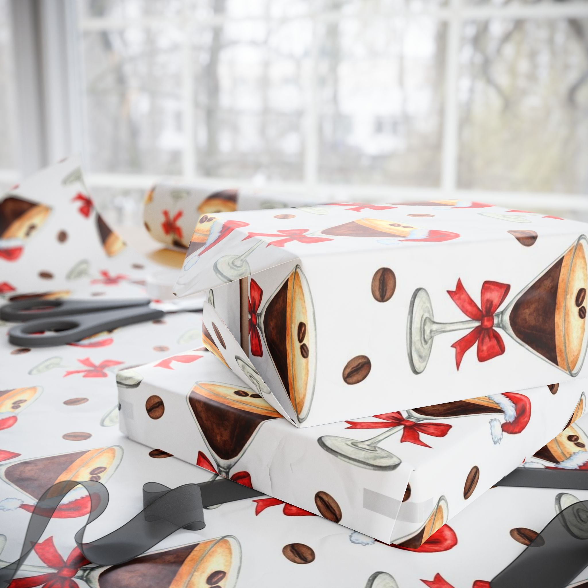 Espresso Martini Wrapping Paper | Cute Christmas Cocktail Gift Wrap | Santa Hat Drinks | Holiday Party Wrap | Festive Modern Xmas Paper