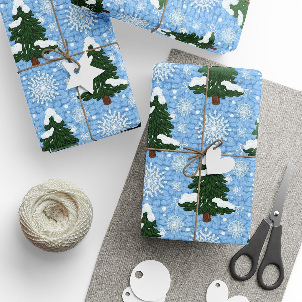 Knit Winter Wreath Pattern Wrapping Paper | Blue Snowflake Holiday Wrap