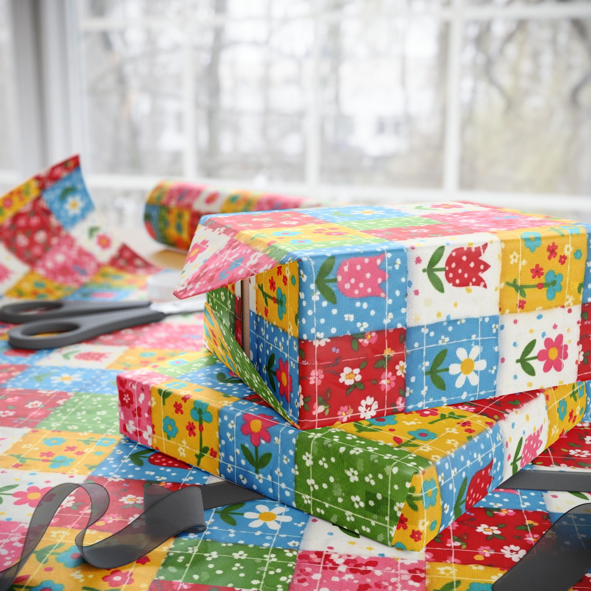 Colorful Floral Patchwork Wrapping Paper | Gift Wrap Roll, Flower Pattern