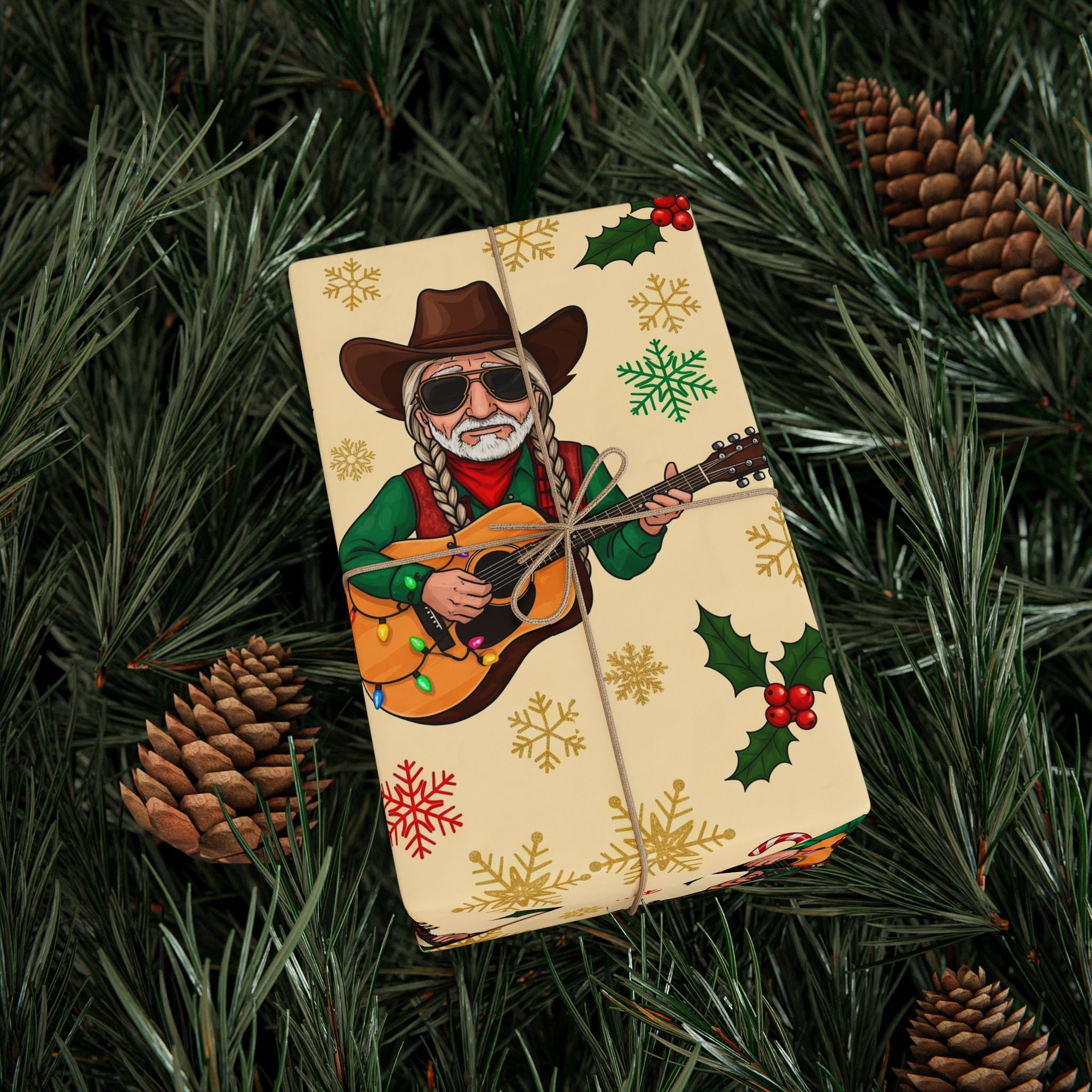 Wrapping Papers, Vintage Cowboy Santa Gift Wrap, Christmas Holiday Decoration, Western Theme, Guitar and Sunglasses, Country Legend, Festive