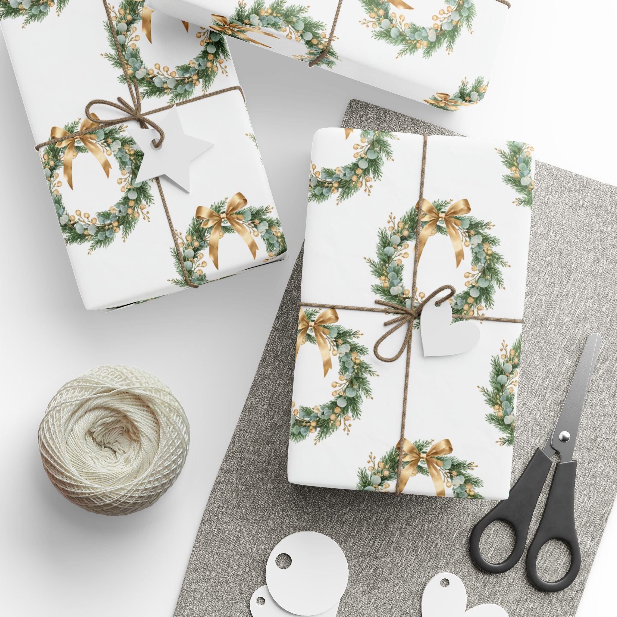 Elegant Gold and Green Christmas Wreaths Wrapping Paper | Luxury Holiday Gift Wrap | Classy Winter Decor Pattern
