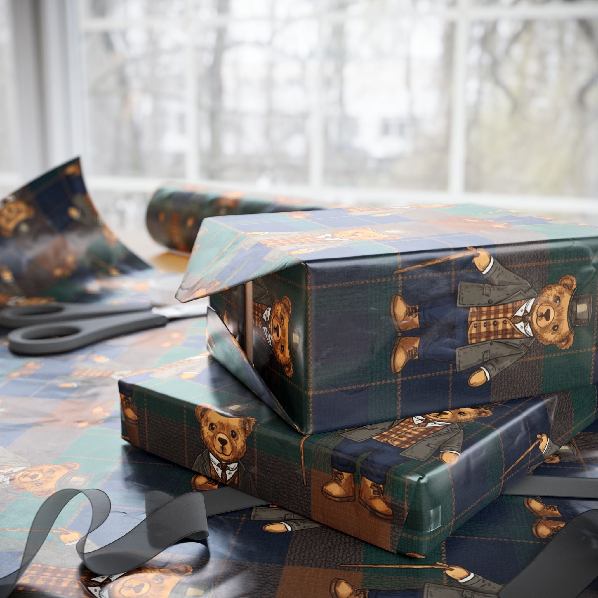 Plaid Gentleman Bear Wrapping Paper – Classic, Cozy & Charming