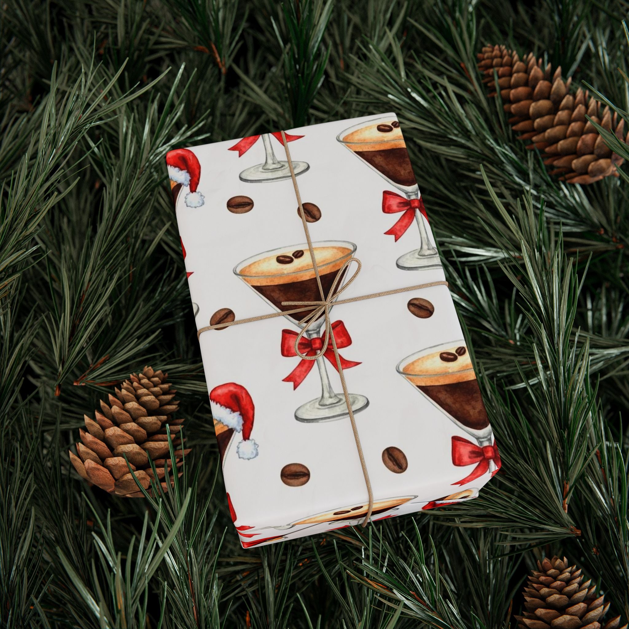 Espresso Martini Wrapping Paper | Cute Christmas Cocktail Gift Wrap | Santa Hat Drinks | Holiday Party Wrap | Festive Modern Xmas Paper