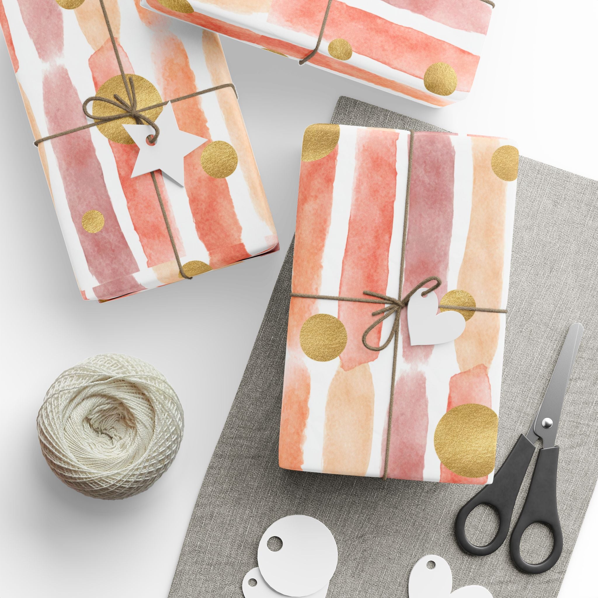Wrapping Paper - Pink Watercolor Stripes & Gold Dots Gift Wrap