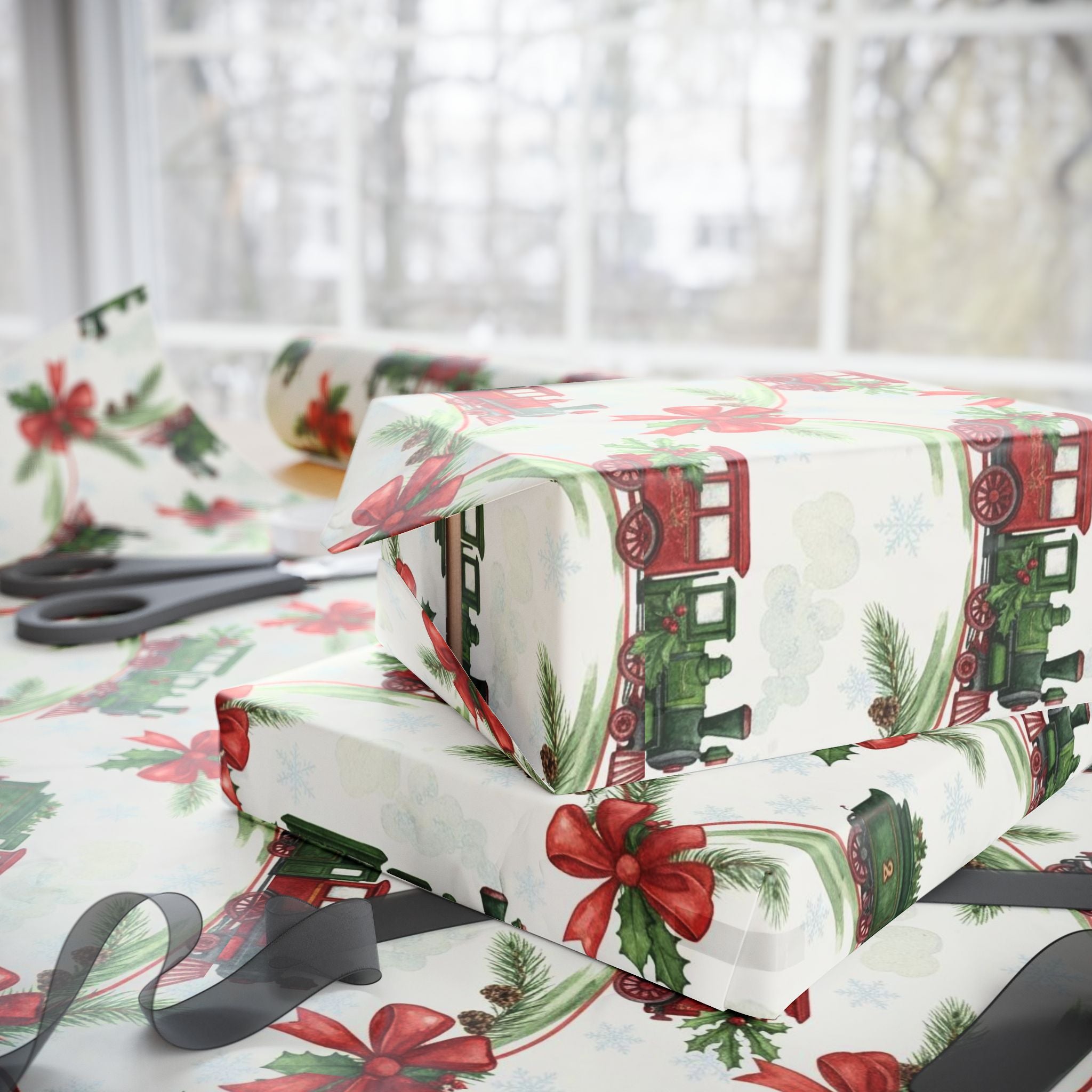 Vintage Christmas Train Wrapping Paper | Holiday Gift Wrap for Boys or Him | Classic Retro Xmas Paper | Festive Winter Train Theme