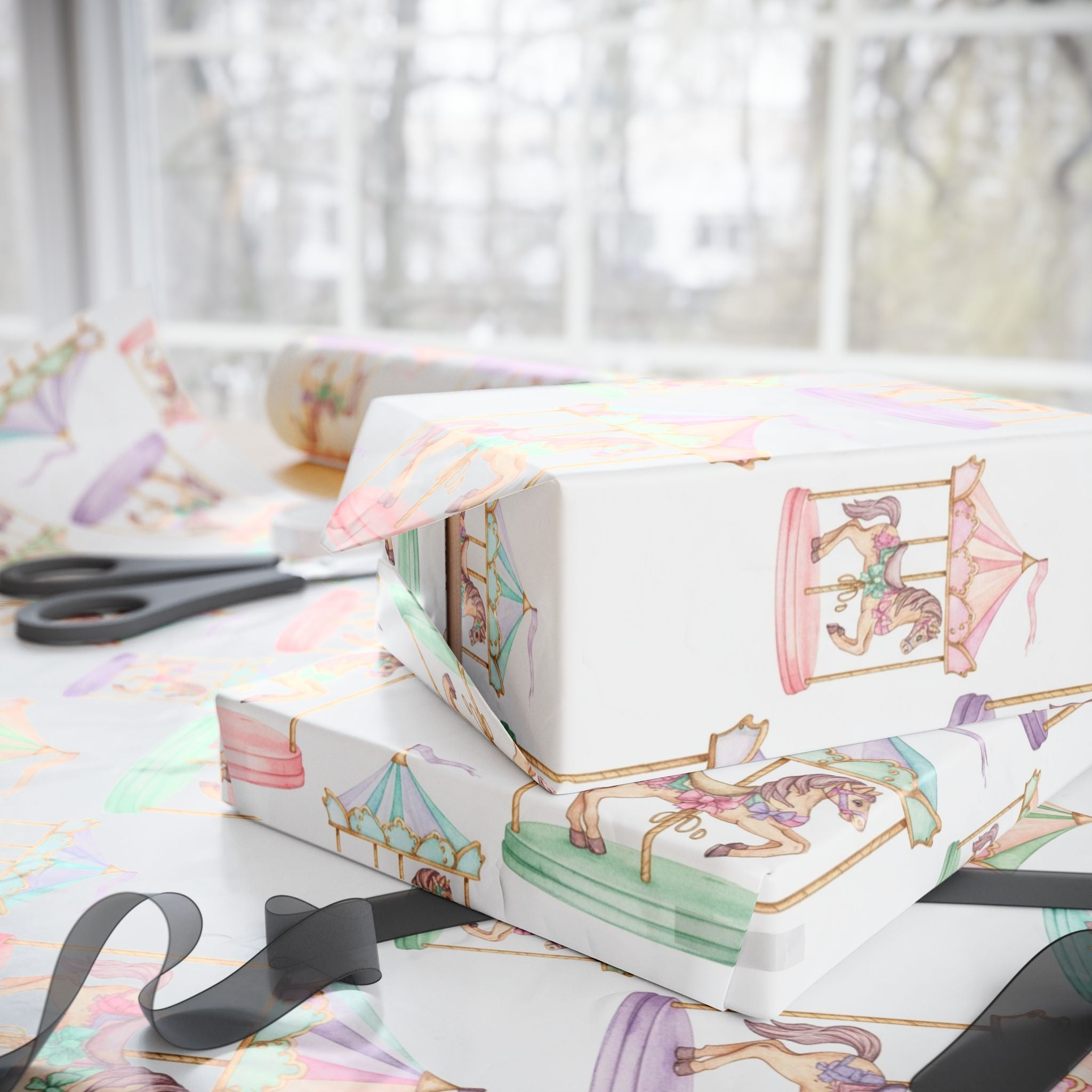 Wrapping Papers: Pastel Carousel Birthday Gift Wrap, For Her, Unique Design, Party Supplies, Celebration Decor, Feminine Presents