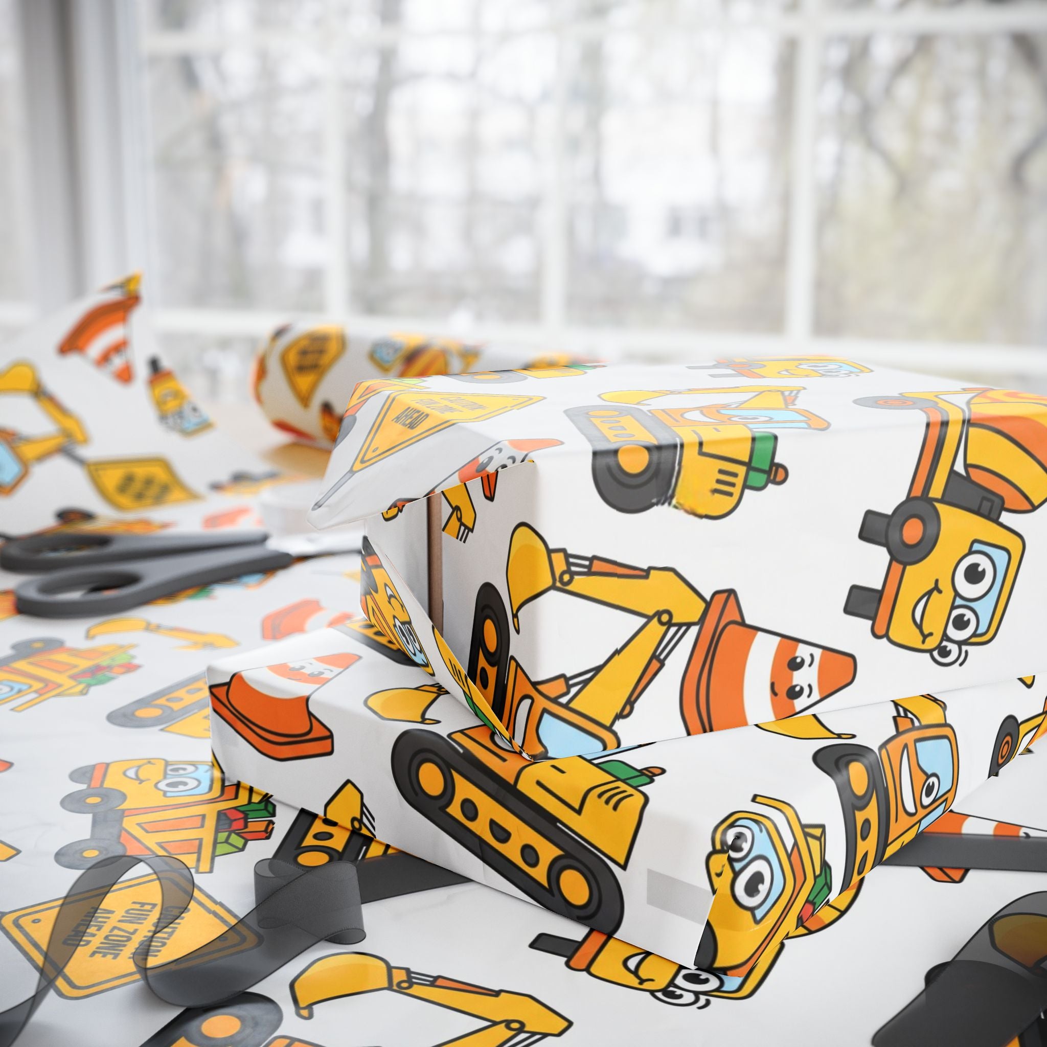 Construction Birthday Wrapping Papers, Dump Truck Digger Cement Mixer Yellow Orange Gift Wrap, Kids Party Supplies, Building Site Theme,