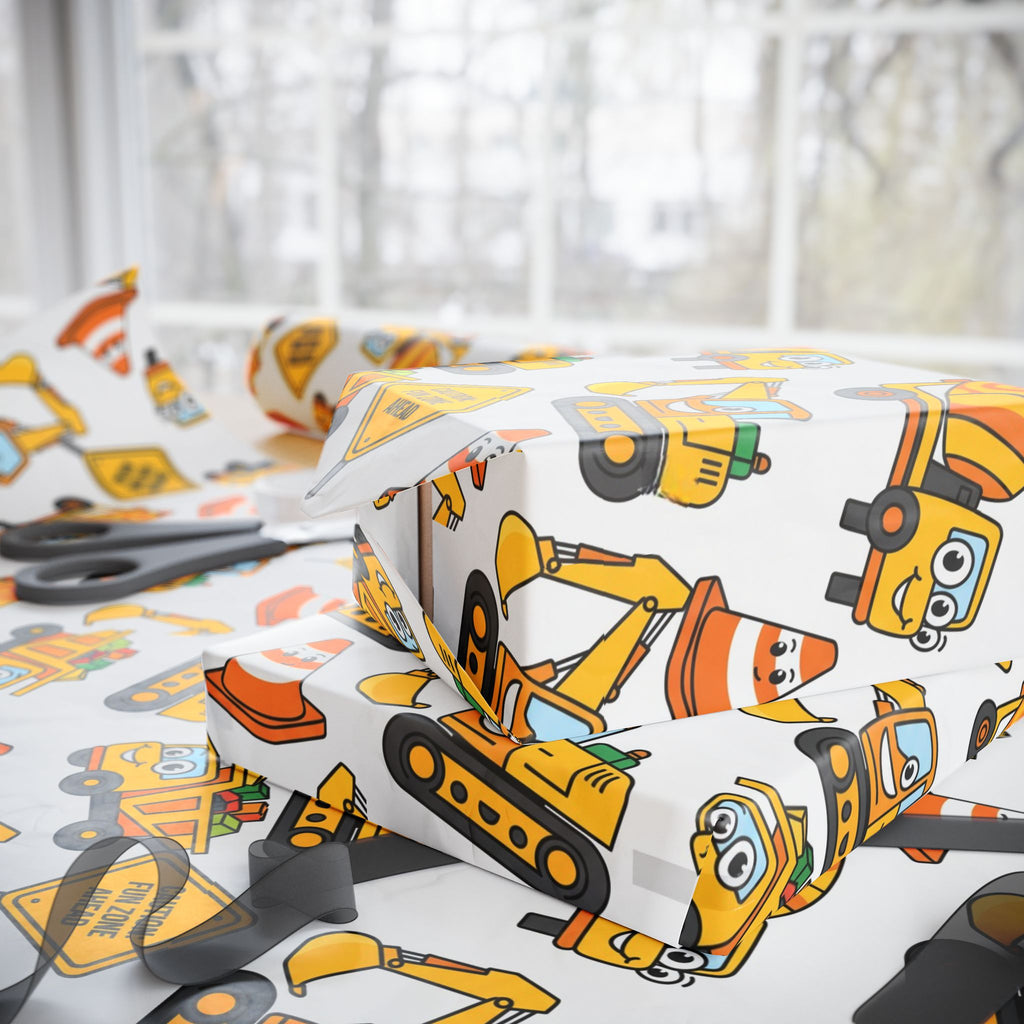 Construction Birthday Wrapping Papers, Dump Truck Digger Cement Mixer Yellow Orange Gift Wrap, Kids Party Supplies, Building Site Theme,