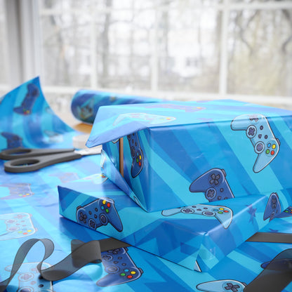 Blue video game themed birthday wrapping paper with controllers and gaming icons